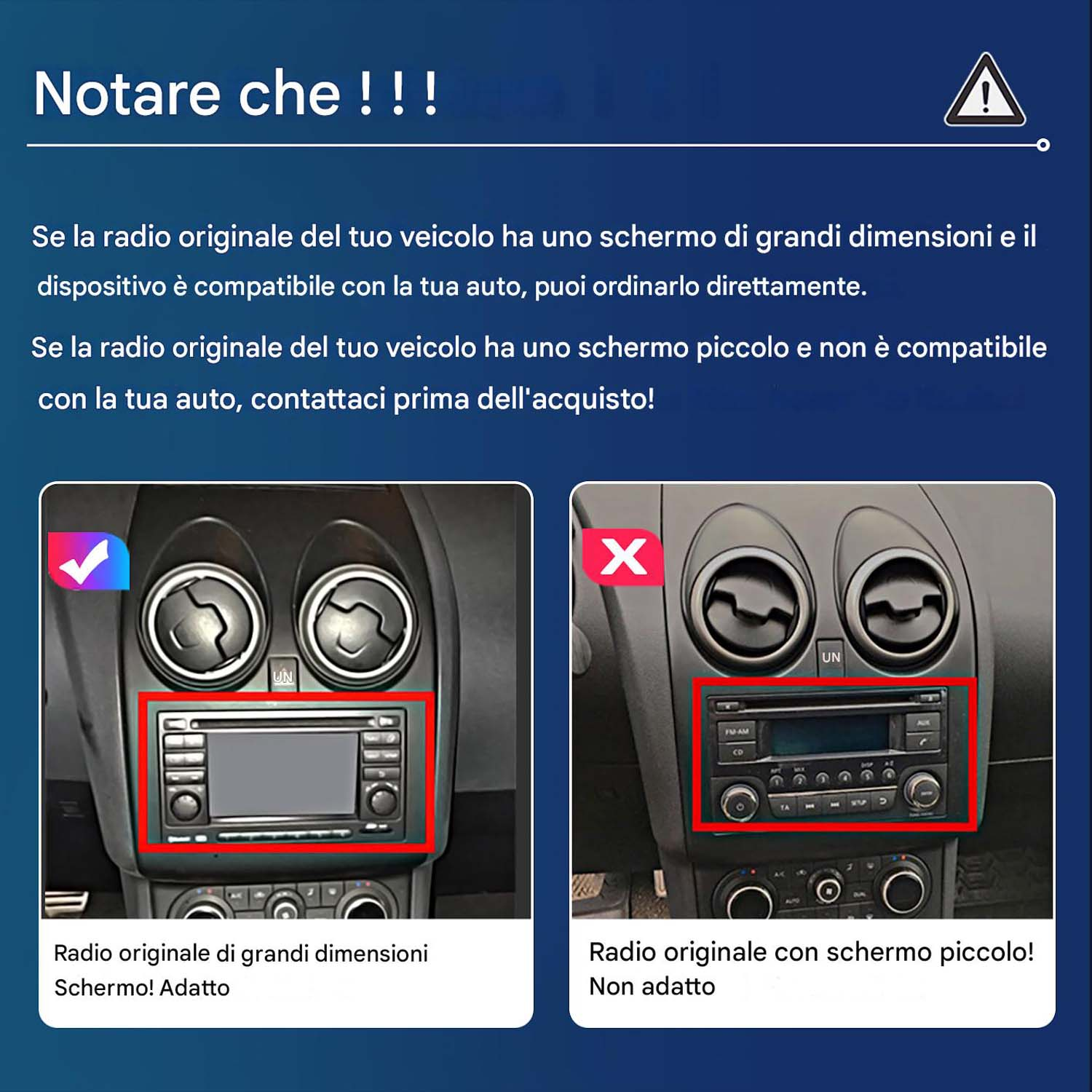 Confronto tra sistemi stereo per auto. Radio originale con schermo piccolo (non adatto) e schermo grande (adatto).