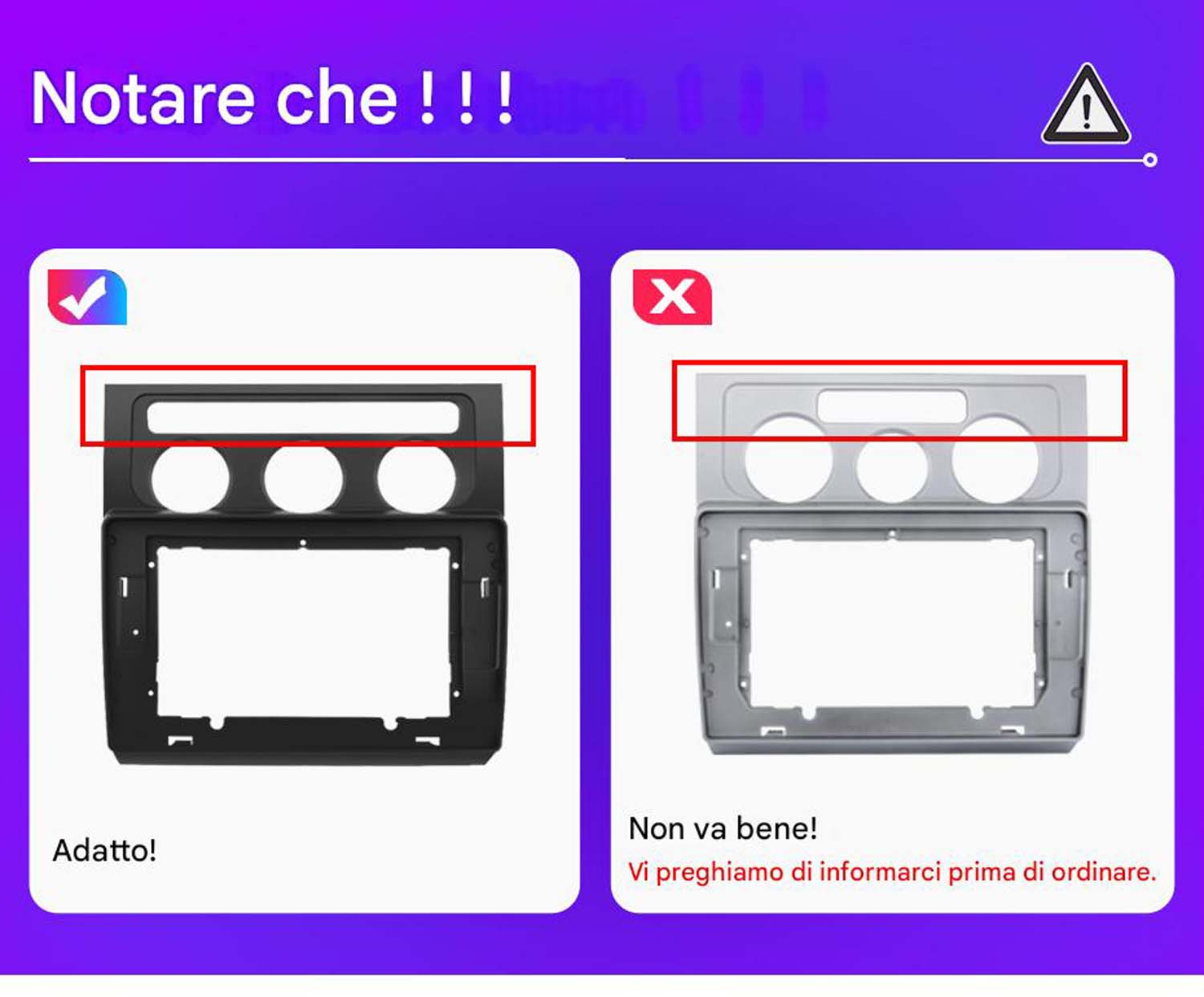 Confronto installazione stereo auto: montaggio corretto e non corretto. Cornice stereo nera.