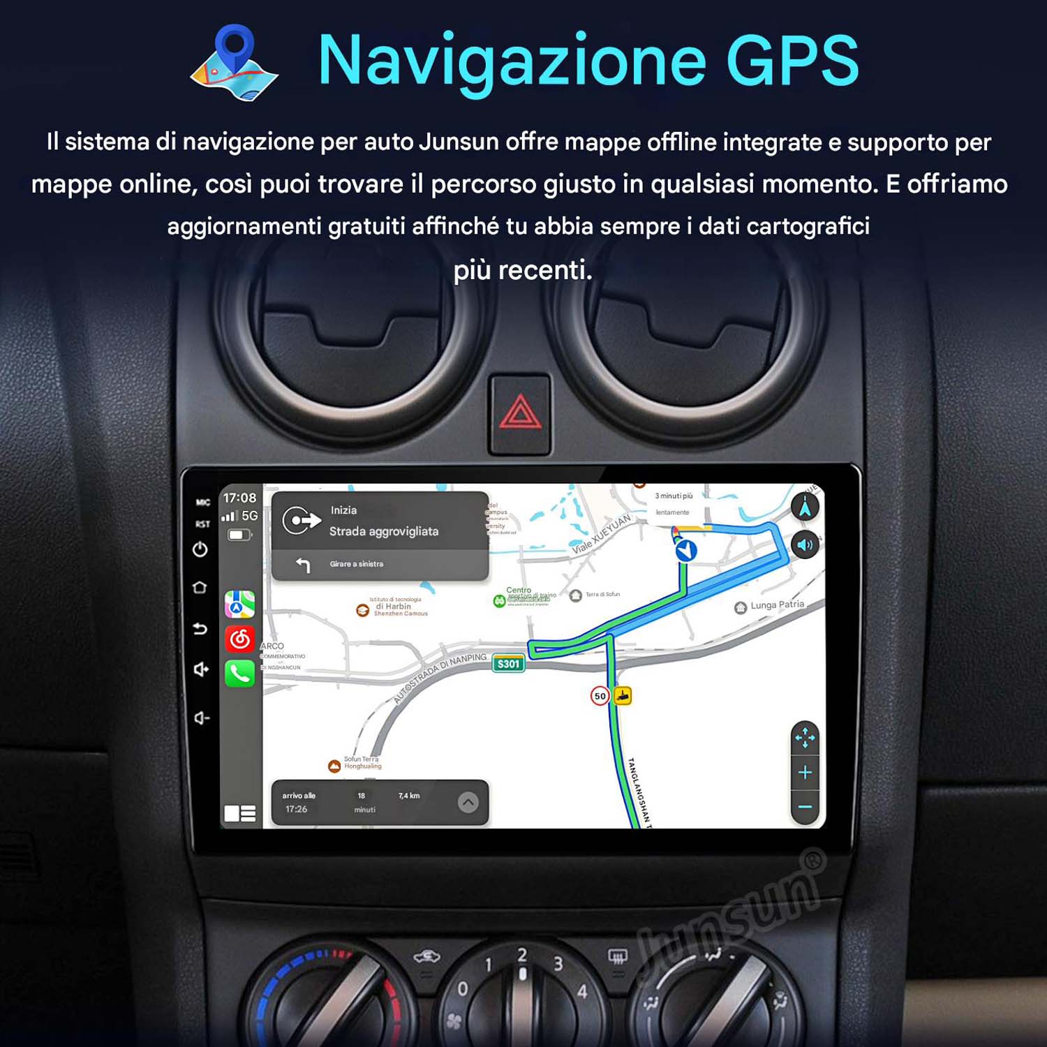 Schermo autoradio che mostra mappa GPS con indicazioni stradali, montato sul cruscotto.