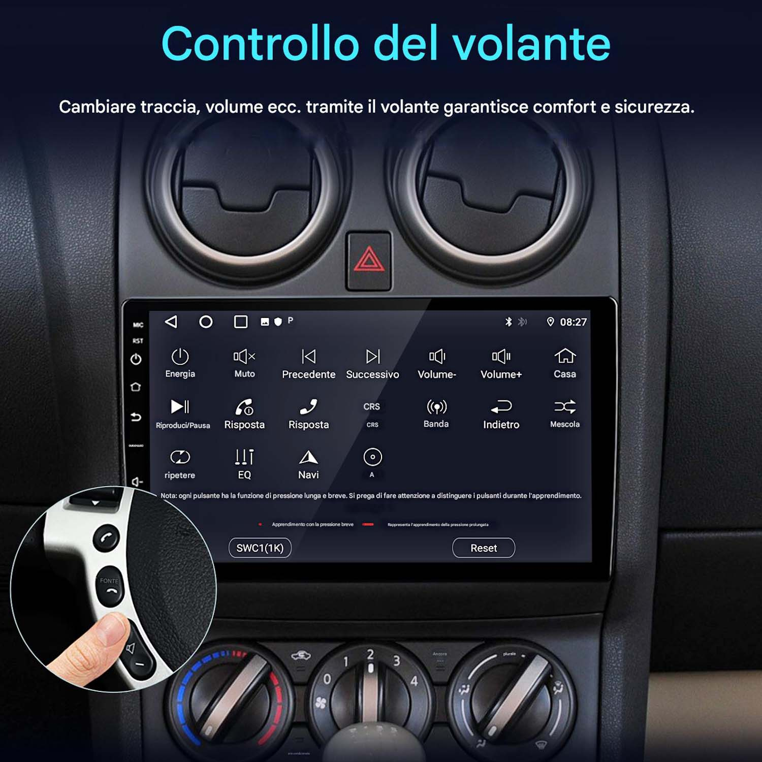 Autoradio con pulsanti e schermo, mostra le informazioni dell'auto. Una mano usa un pulsante sul volante.