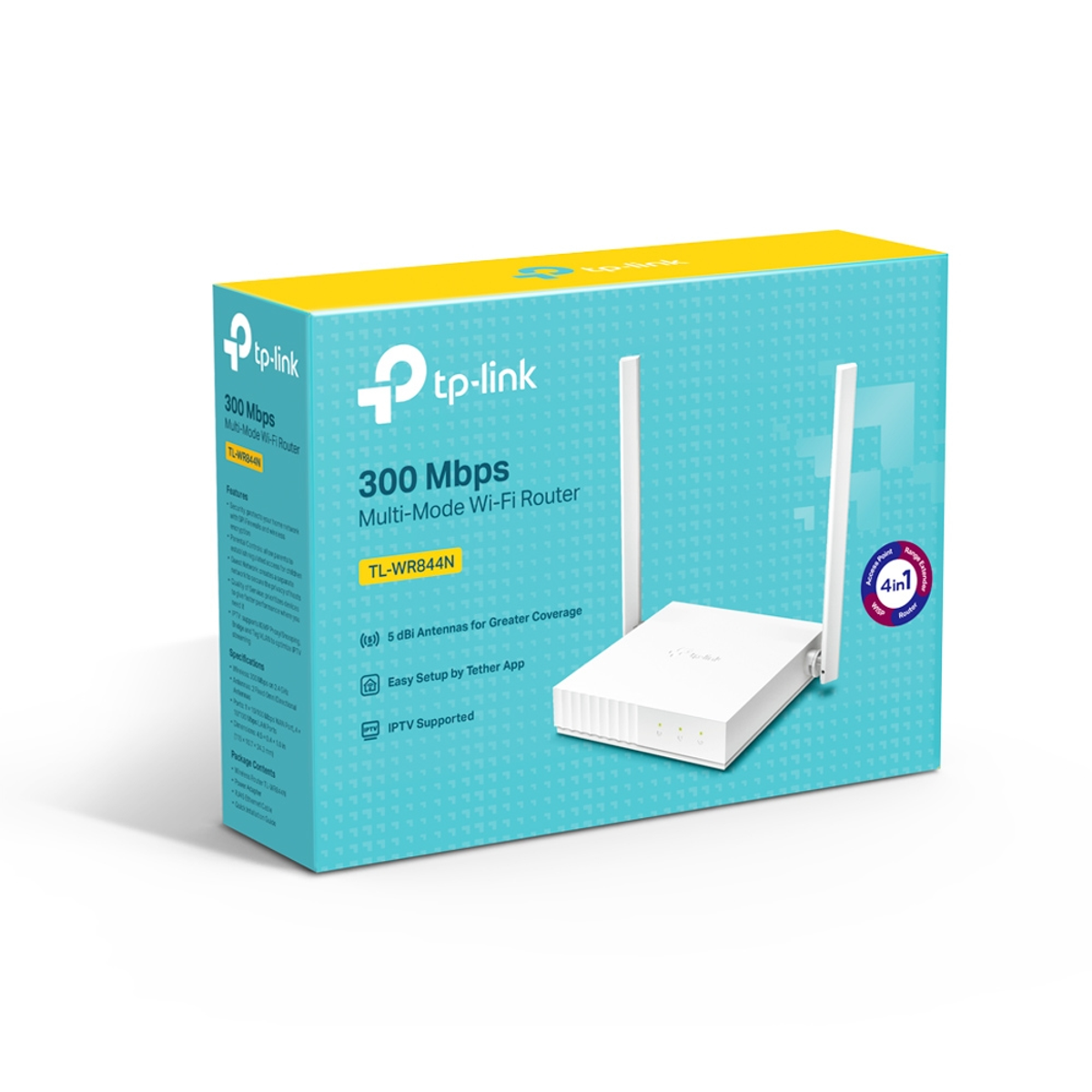 TP-Link yönlendirici kutusu. Kutu mavi ve sarı, iki antenli yönlendiriciyi gösteriyor.