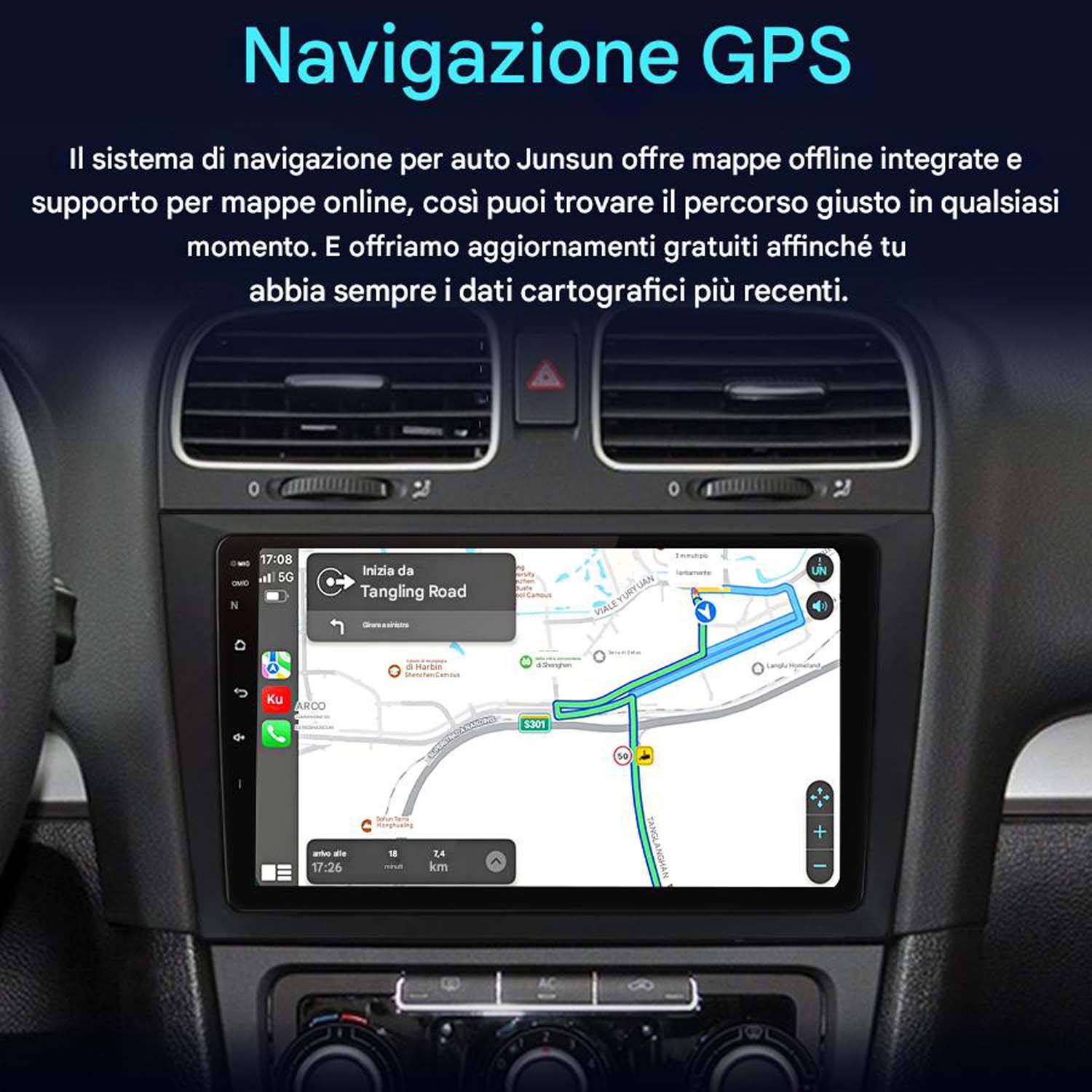 Schermo multimediale per auto con navigazione GPS. La mappa mostra un percorso con dettagli.