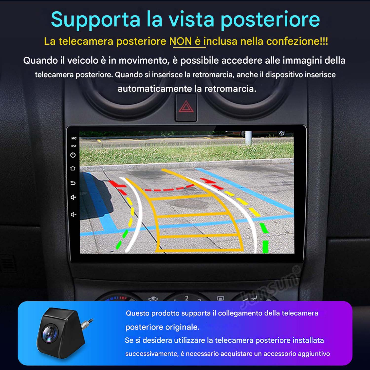 Uno schermo dell'auto che mostra una vista da una telecamera di backup. Lo schermo visualizza linee guida colorate.
