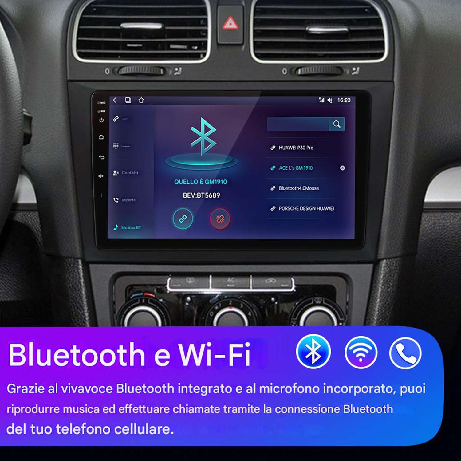 Cruscotto auto con display touchscreen che mostra le opzioni di connettività Bluetooth e Wi-Fi.