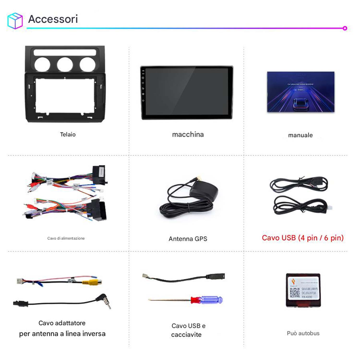 Immagine di accessori per autoradio: telaio, schermo, manuale, cavi, antenna GPS, USB e cacciavite.