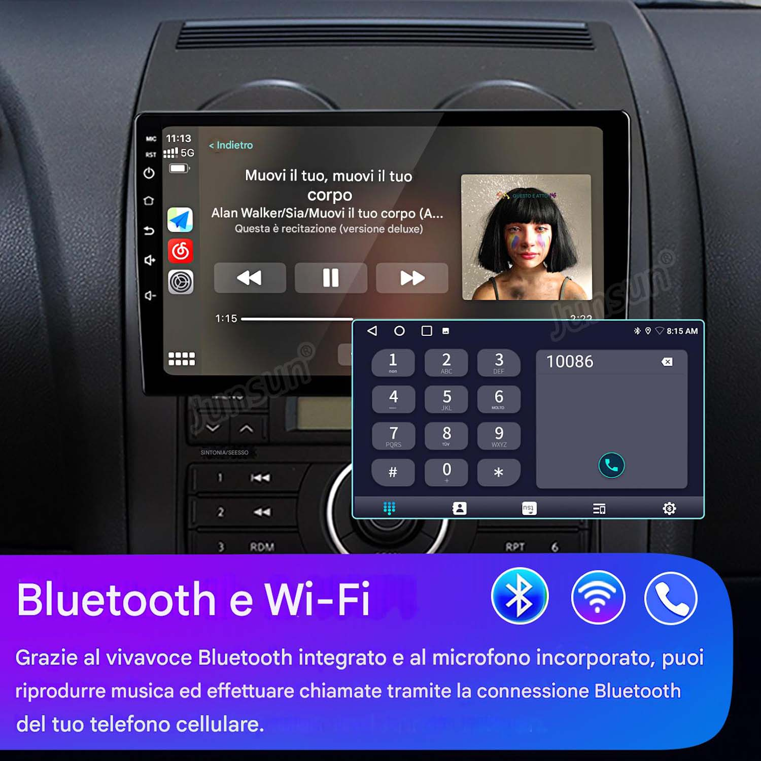 Schermo autoradio che mostra un dialer telefonico e un lettore musicale. Testo: Bluetooth e Wi-Fi.
