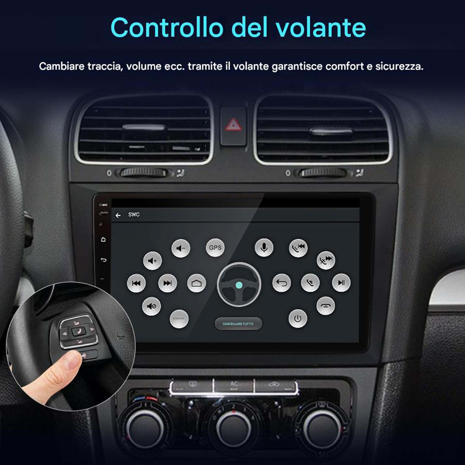 Schermo stereo per auto con opzioni di controllo. Comandi al volante sullo schermo. Cornice nera, touchscreen.