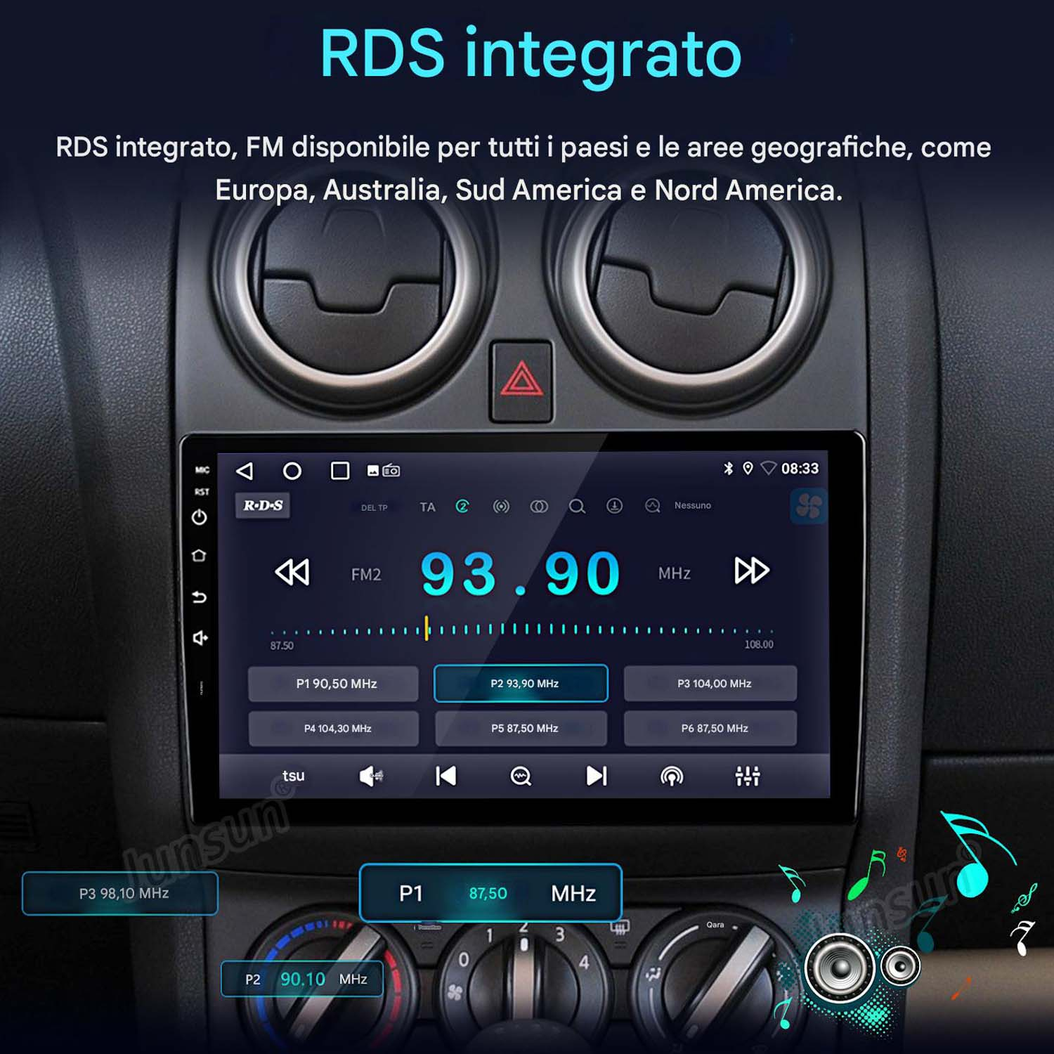 Cruscotto auto con schermo radio che mostra informazioni. Display digitale.