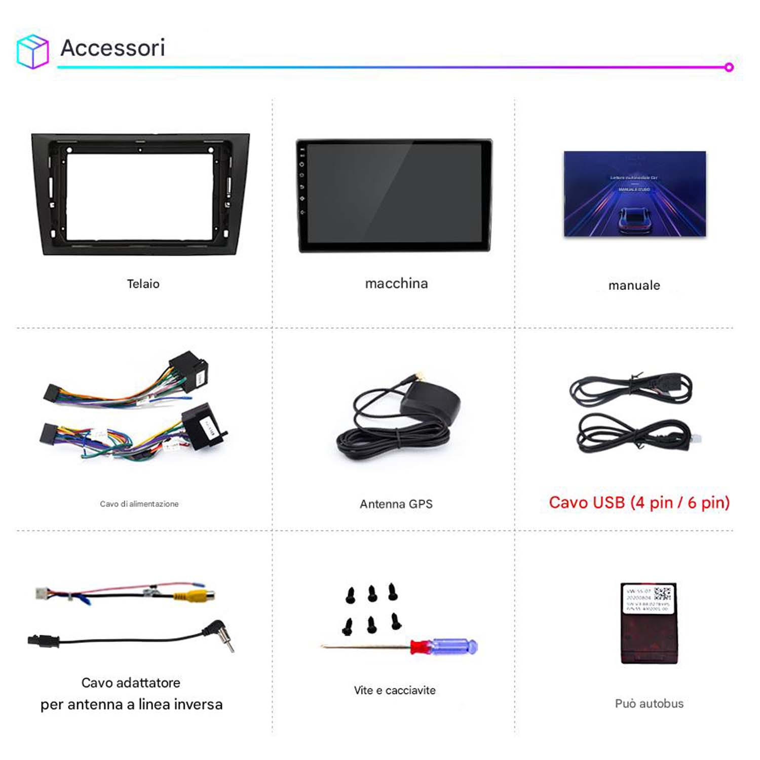 Accessori di un sistema stereo per auto. Include un telaio, schermo, cavo di alimentazione, antenna, viti e altro.
