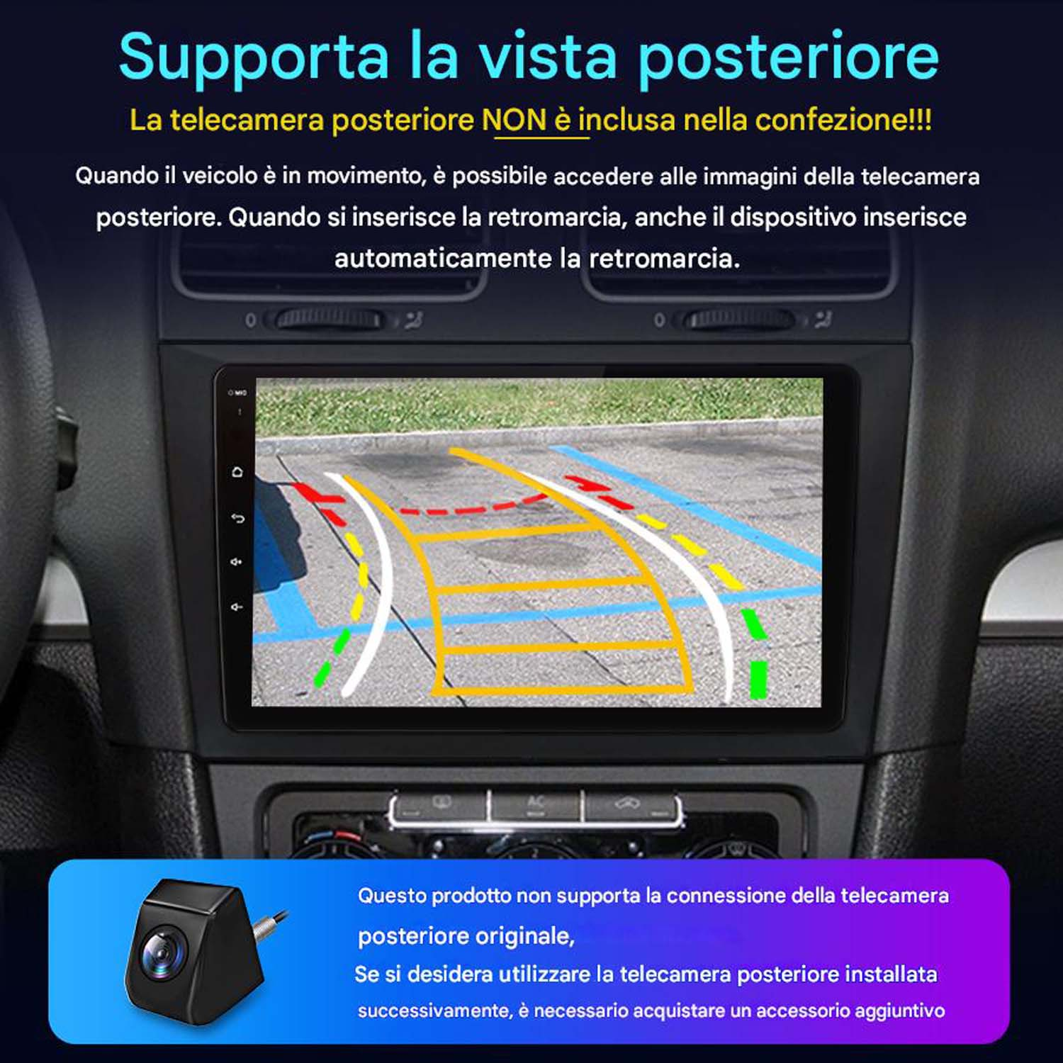 Schermo auto con display telecamera posteriore. Il testo indica che la fotocamera non è inclusa. Mostra le linee guida.