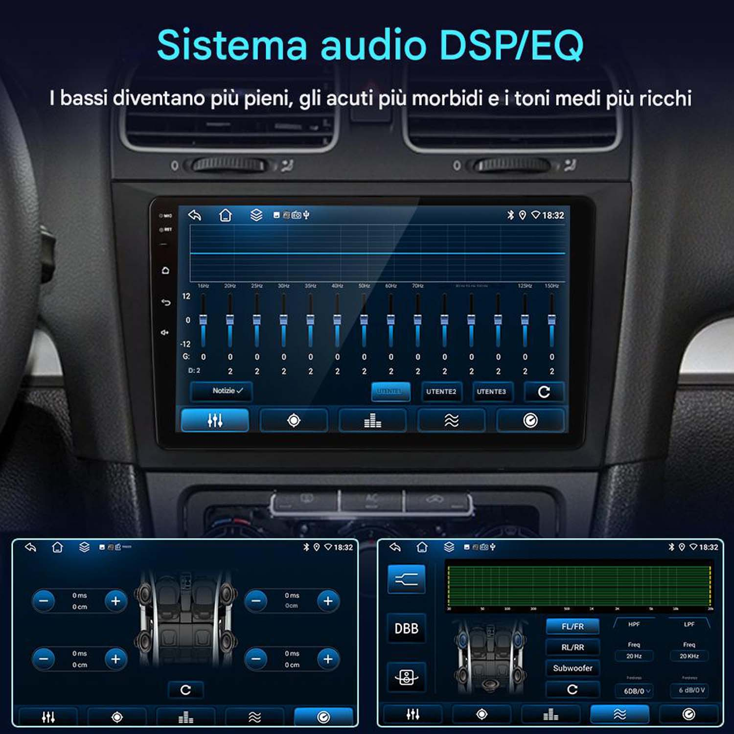 Schermo autoradio che mostra un'interfaccia di equalizzazione. Sotto, due schermi mostrano le opzioni di impostazione audio.