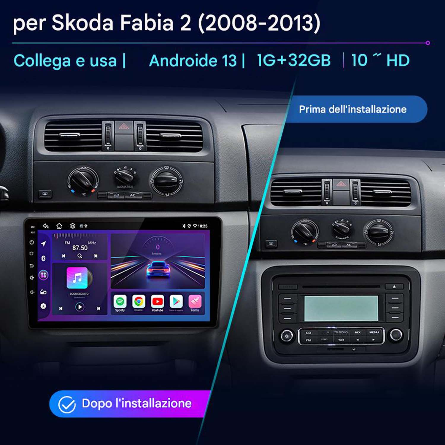 Cruscotto auto con schermo, prima e dopo l'installazione. Interfaccia radio.