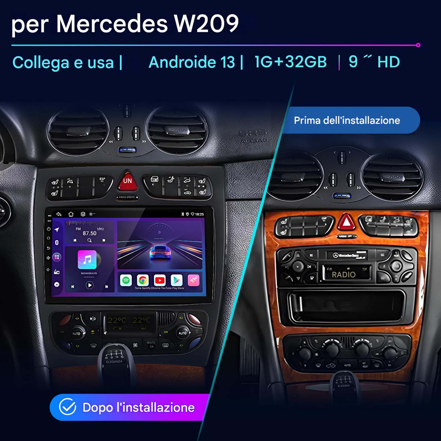 Cruscotto auto con schermo, prima e dopo l'installazione. Interfaccia radio.