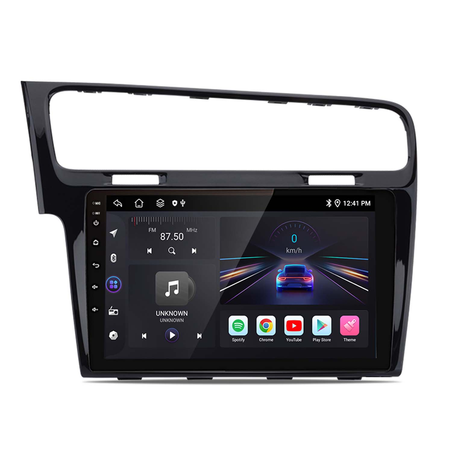 Cruscotto auto con schermo. Interfaccia radio, mostra musica e app.