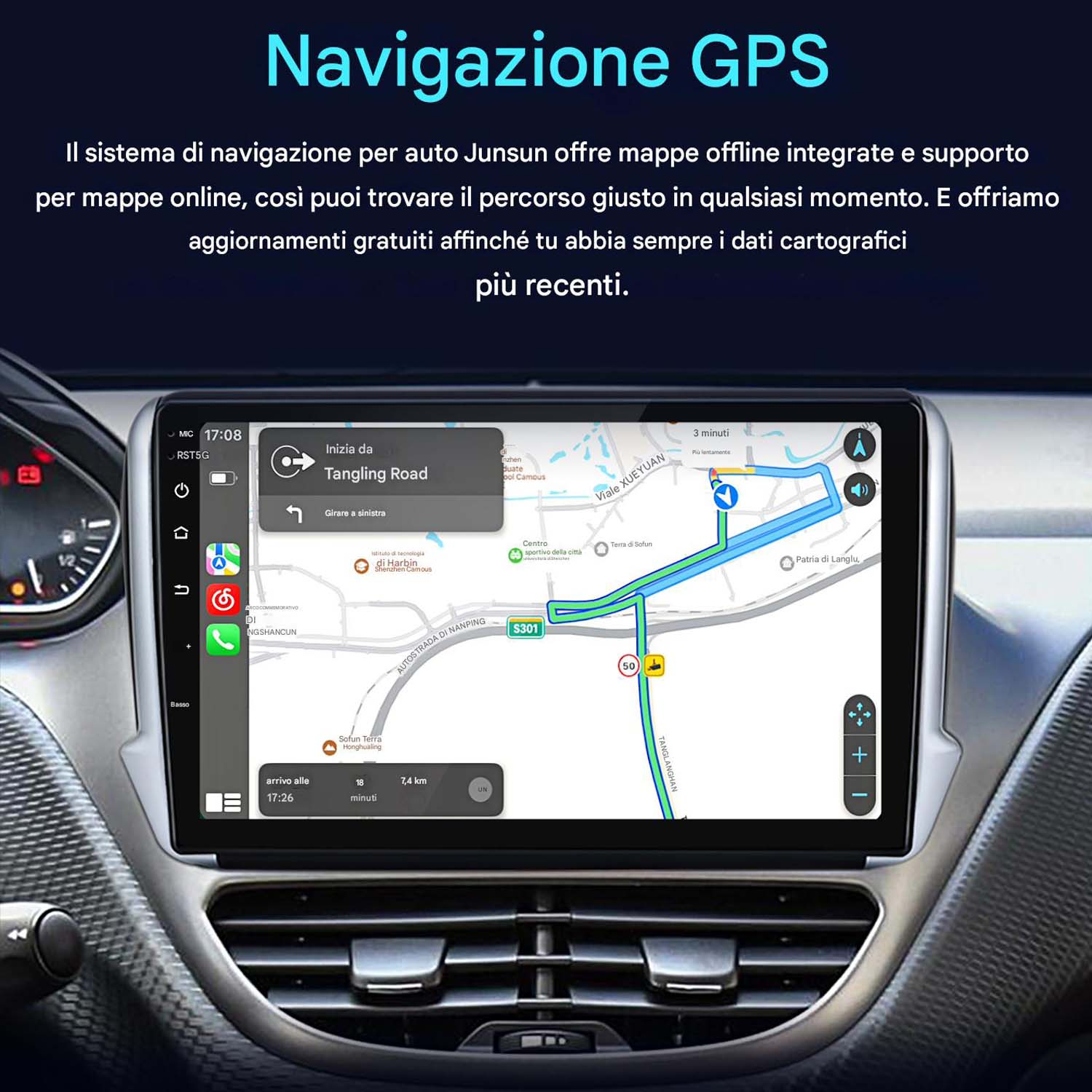 Autoradio che mostra una mappa di navigazione GPS con guida stradale. Il cruscotto è visibile.