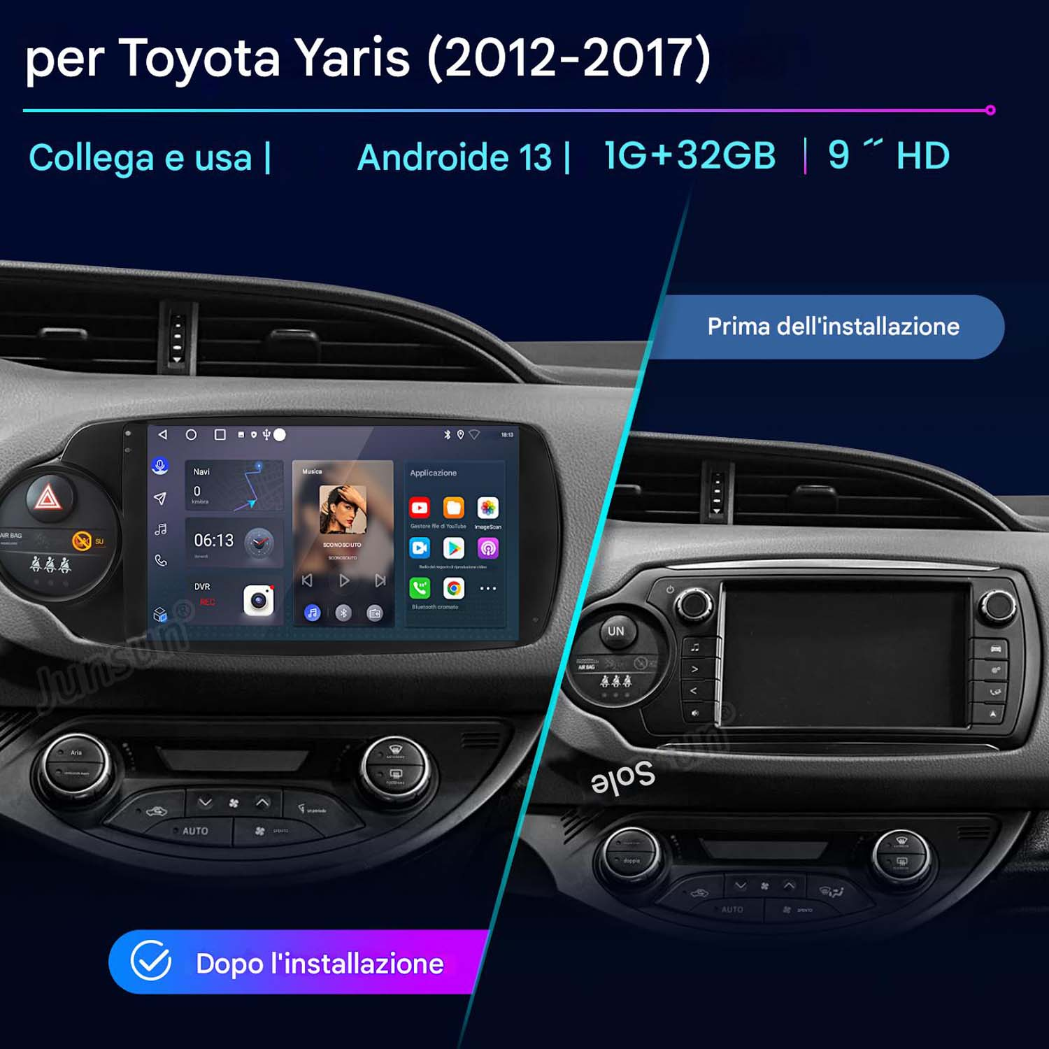 Installazione autoradio in una Toyota Yaris, confronto prima e dopo.