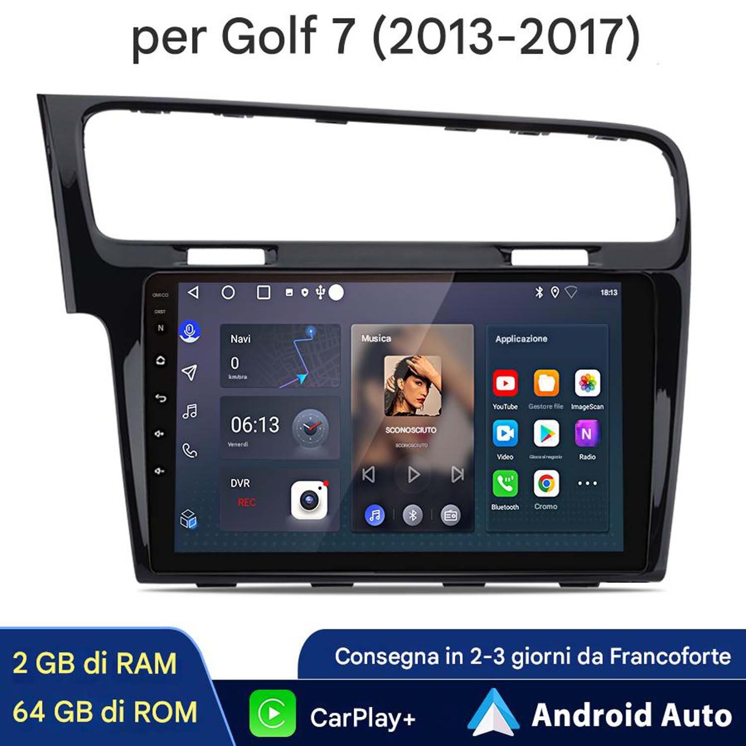 Schermo autoradio che mostra una schermata iniziale con icone delle app. Sotto, info RAM/ROM e CarPlay/Android Auto.