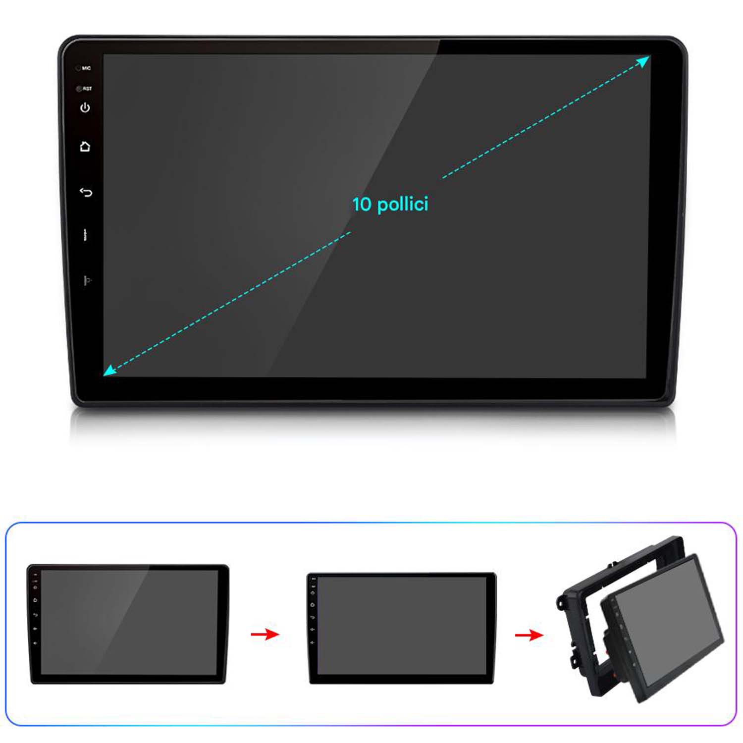 Schermo autoradio con display da 10 pollici. Componenti di installazione mostrati sotto.