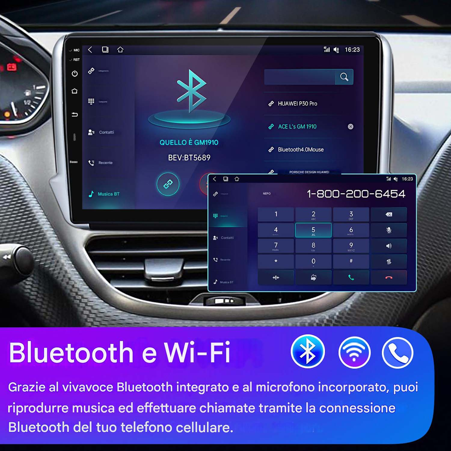 Schermo della radio dell'auto che mostra le opzioni bluetooth e wifi. Lo schermo mostra le opzioni di contatto e di composizione.