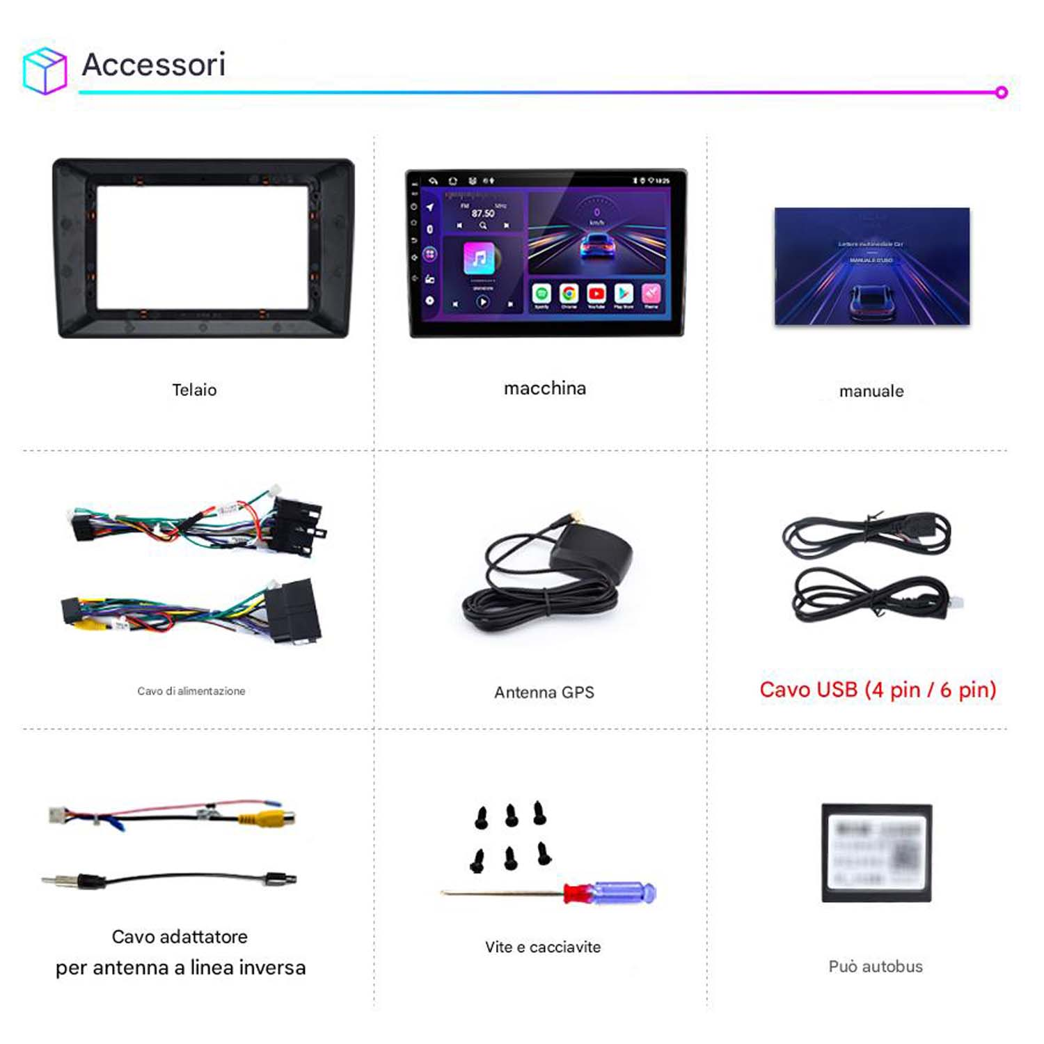 Vari accessori per l'installazione dell'autoradio, tra cui un telaio, schermo e cavi.