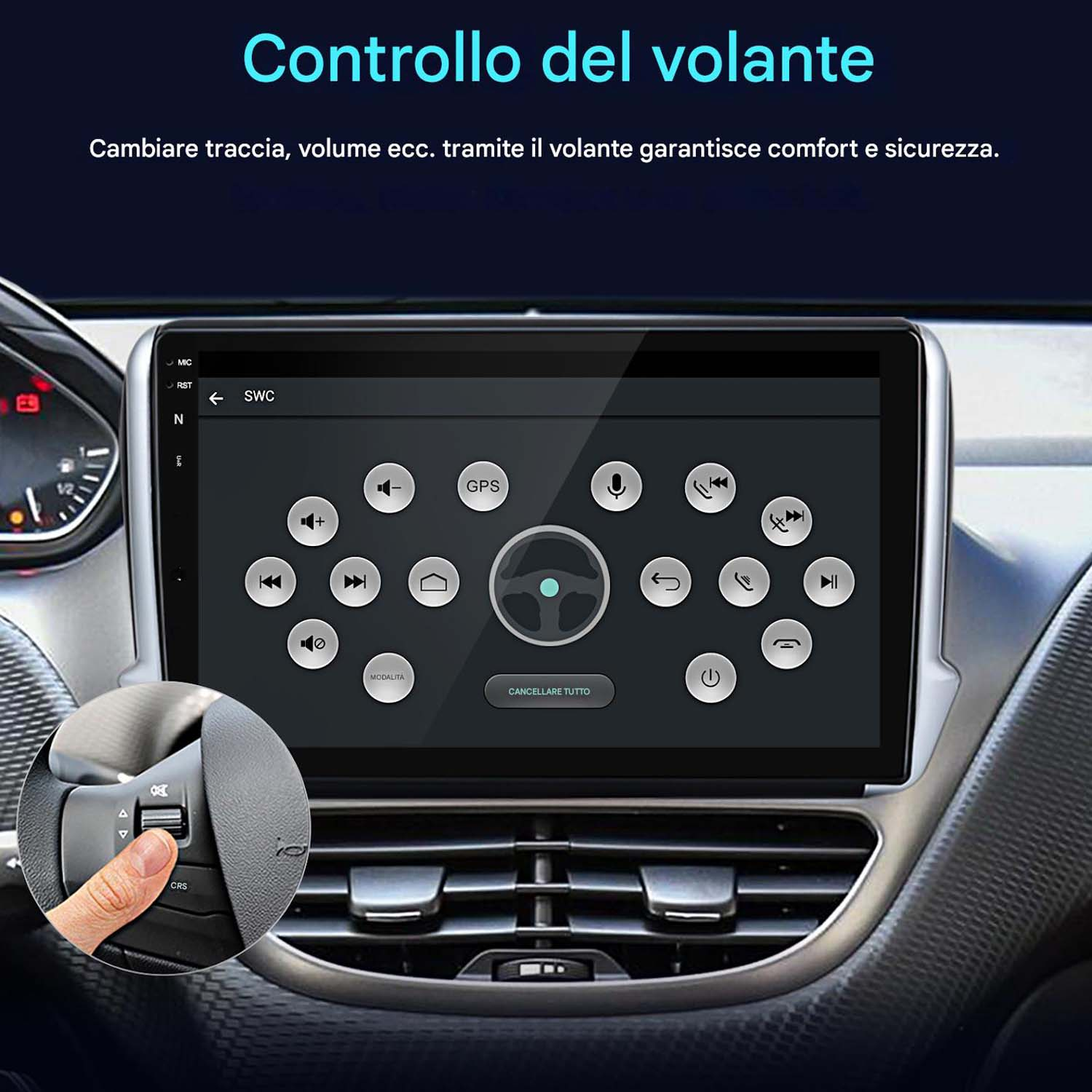 Schermo stereo per auto con opzioni di controllo. Comandi al volante sullo schermo. Cornice nera, touchscreen.
