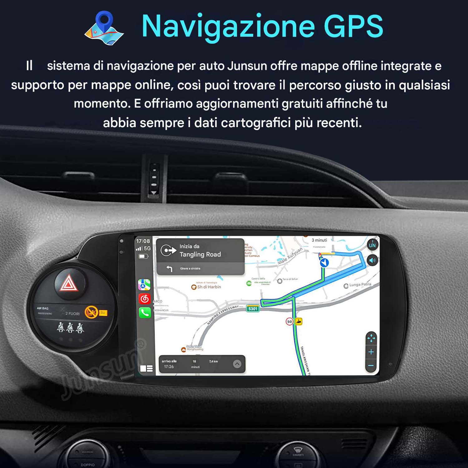 Schermo della radio dell'auto con navigazione GPS. Lo schermo mostra una mappa e informazioni di navigazione.