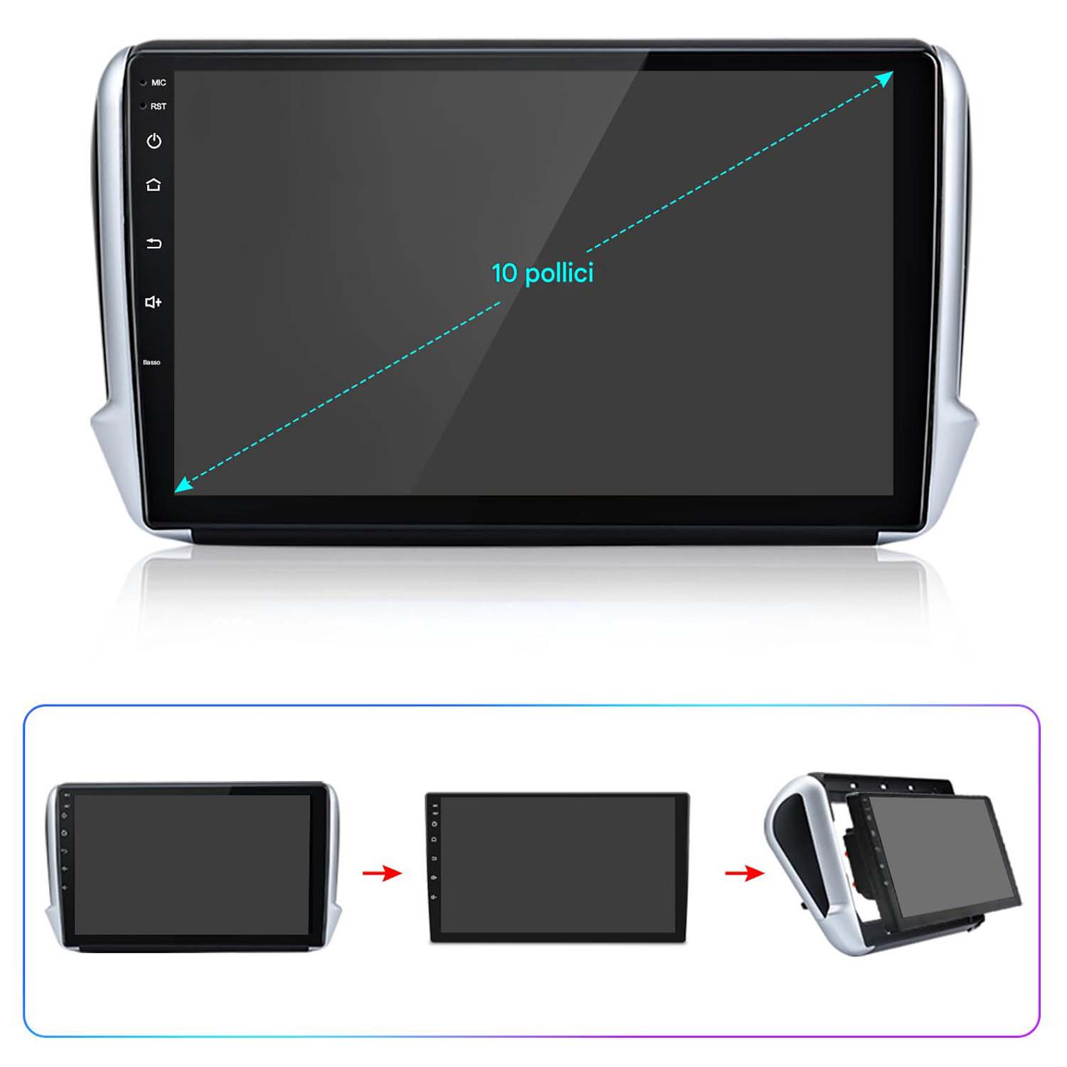 Schermo autoradio con display da 10 pollici, e vengono mostrati tre passaggi di installazione.