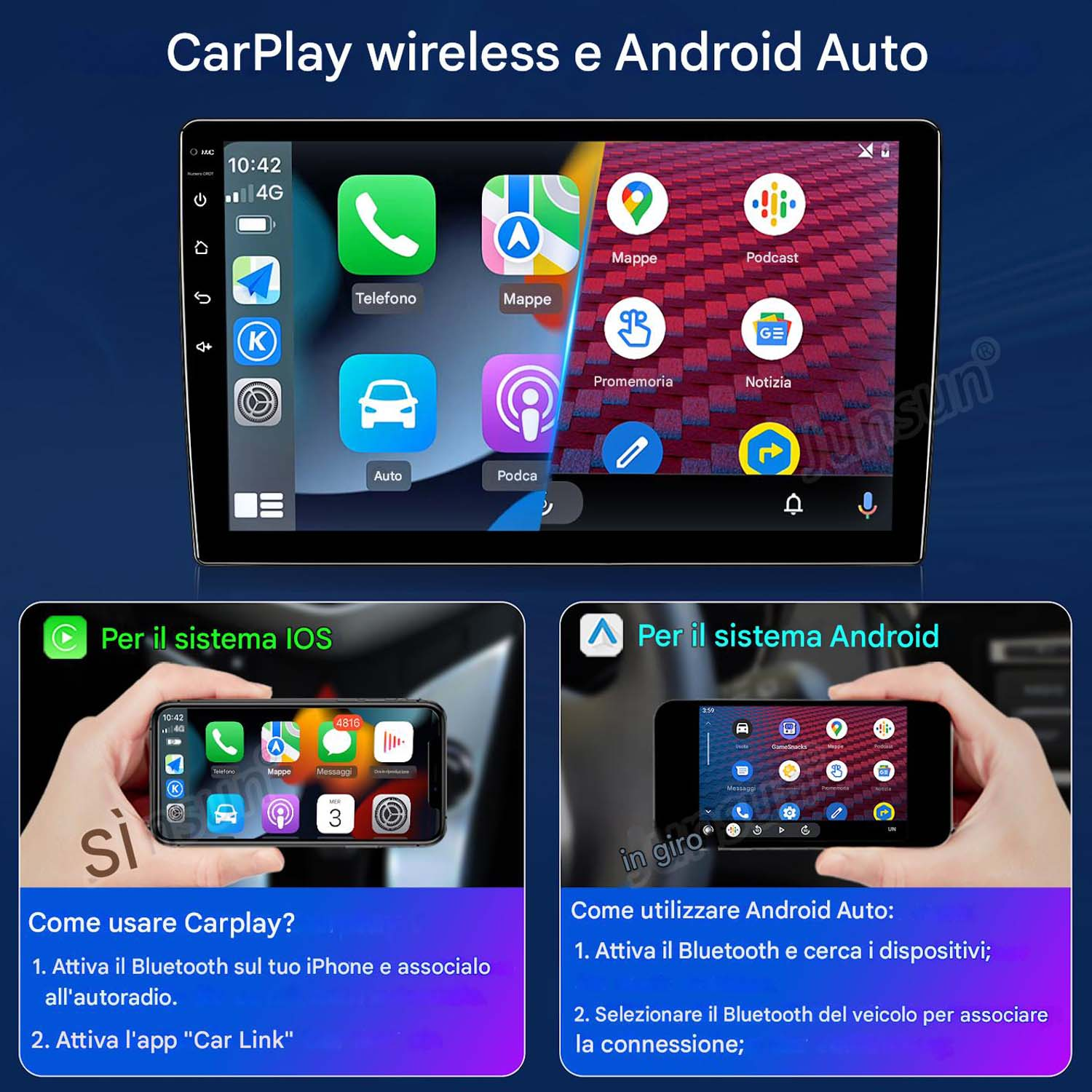 Schermo auto con icone app. Sotto, due telefoni mostrano configurazioni CarPlay iOS e Android.