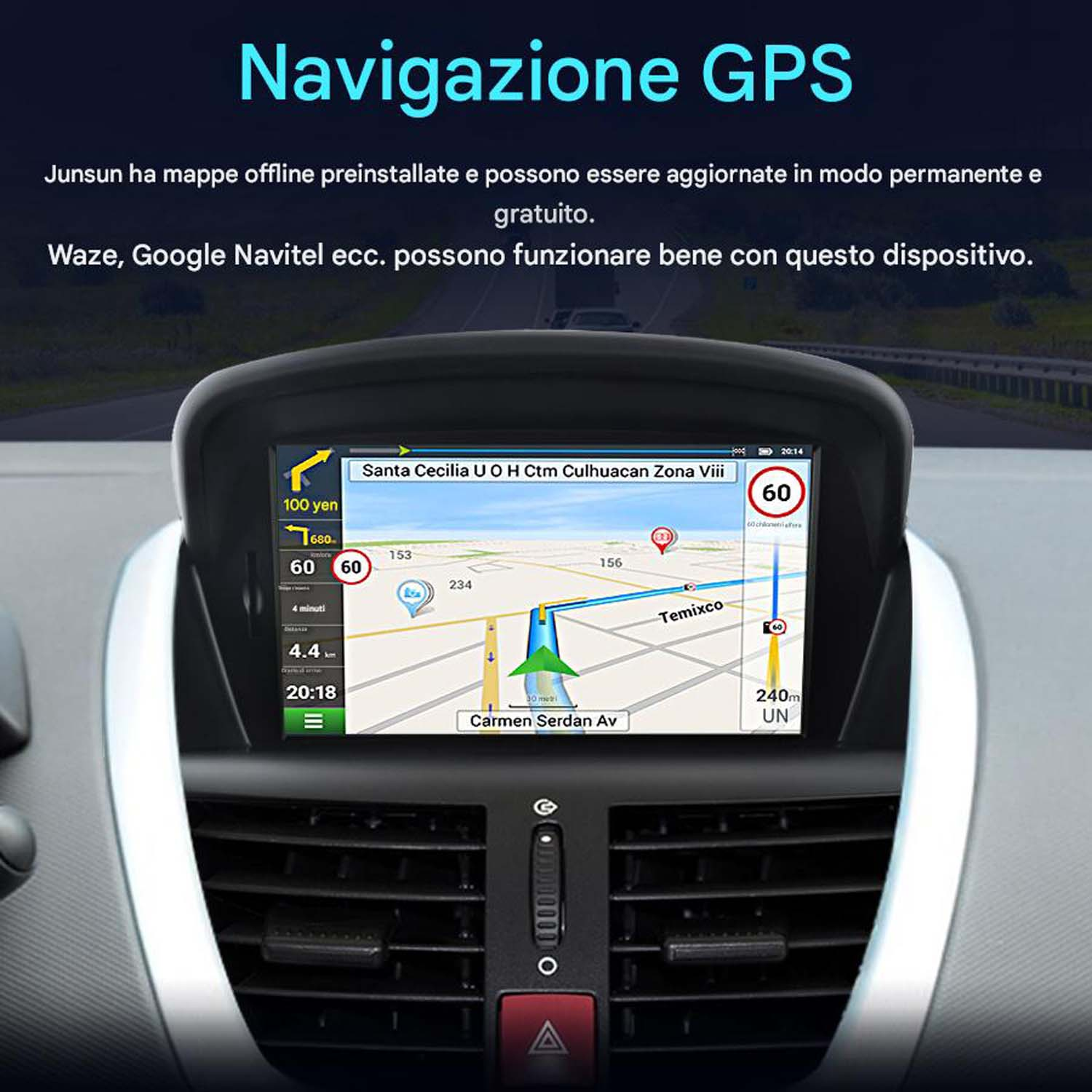 Cruscotto auto con schermo di navigazione GPS che mostra una mappa. Il testo indica mappe offline, compatibilità Waze e Google Navitel.