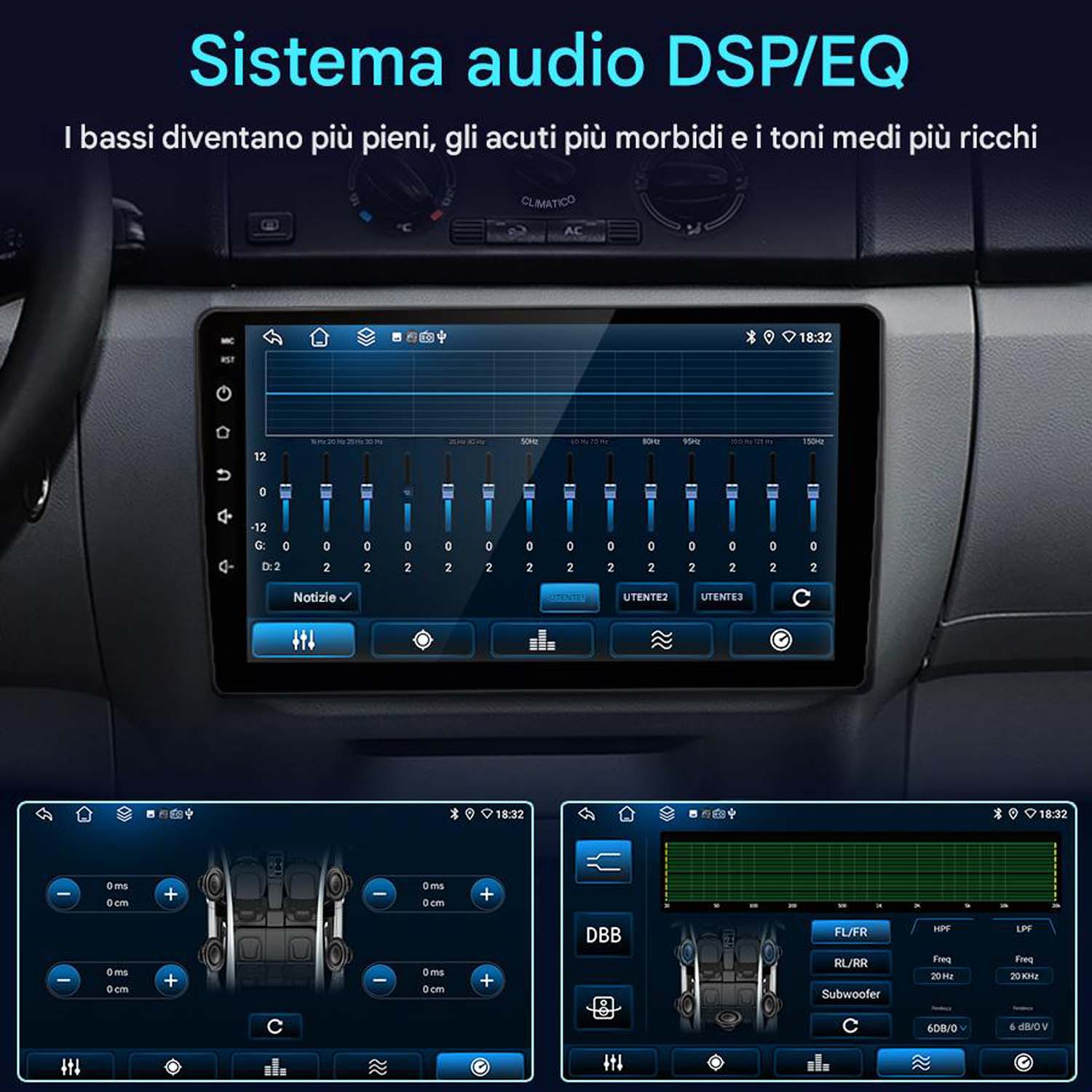 Schermo stereo per auto che mostra le impostazioni audio. Equalizzatore grafico e regolazioni audio. Cornice nera.