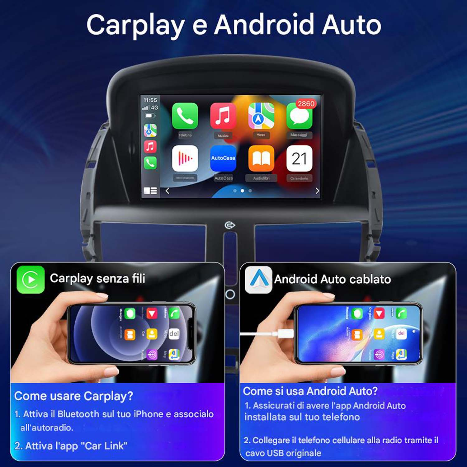 Carplay e Android Auto su schermo autoradio, con icone telefono e istruzioni.