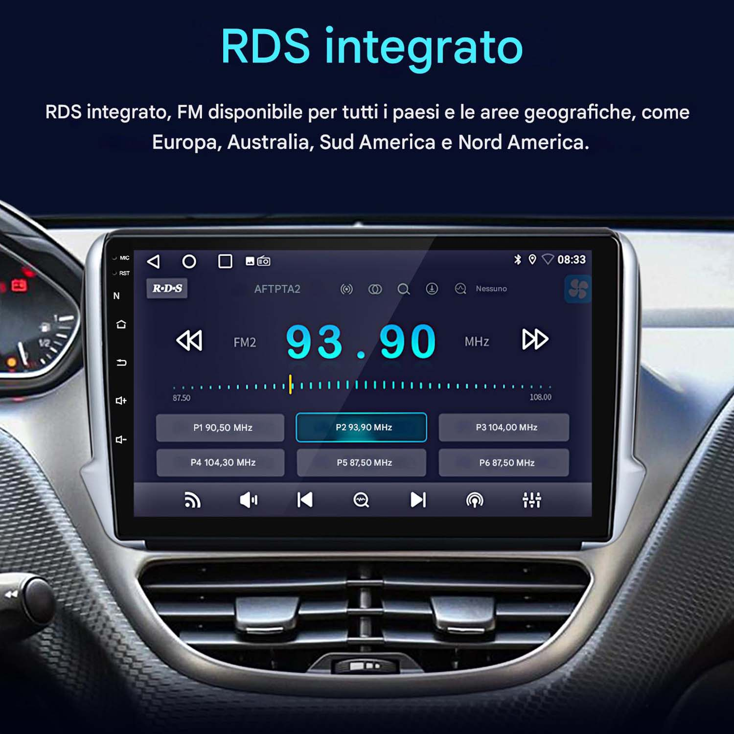 Display touchscreen del cruscotto dell'auto che mostra informazioni RDS, frequenze radio e controlli.