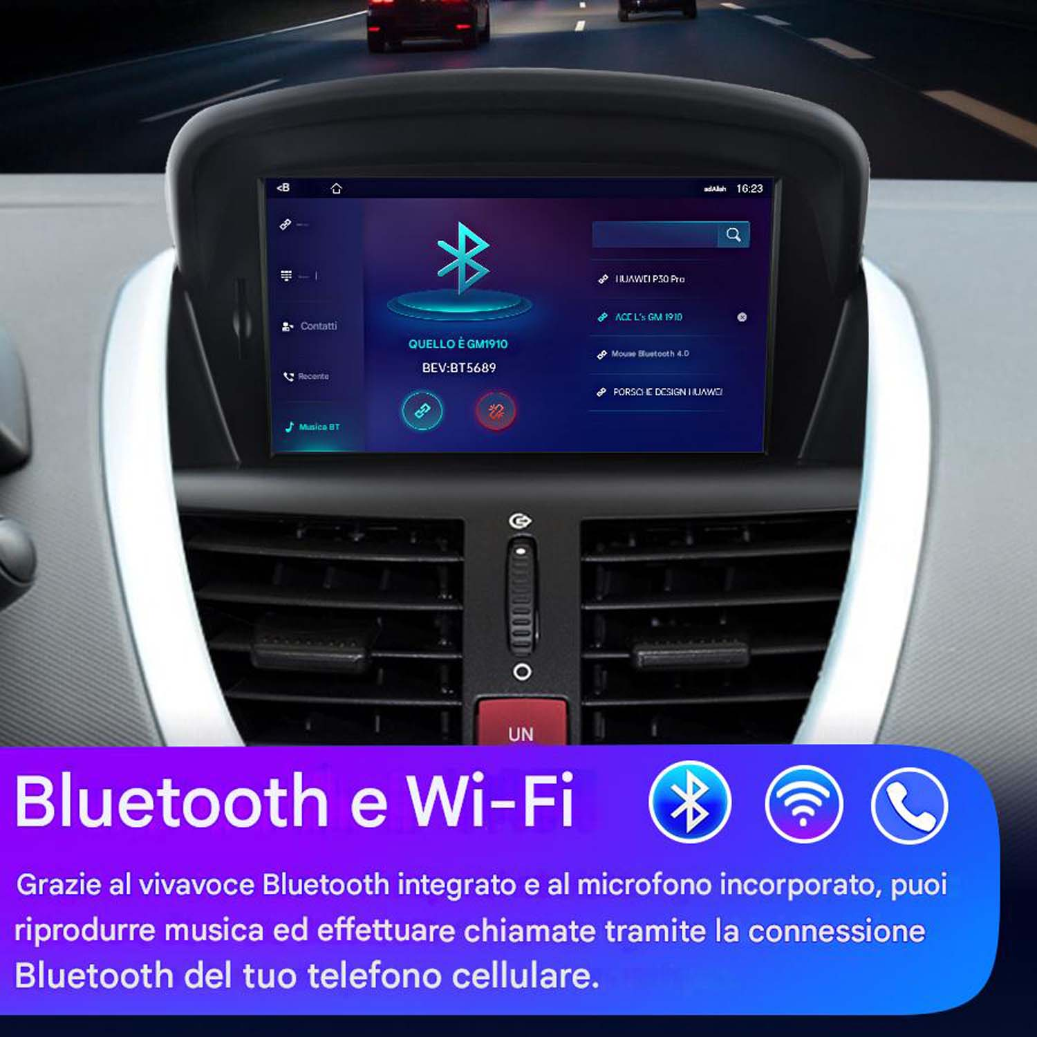 Schermo del cruscotto dell'auto che mostra le impostazioni Bluetooth, incluso un logo Bluetooth.