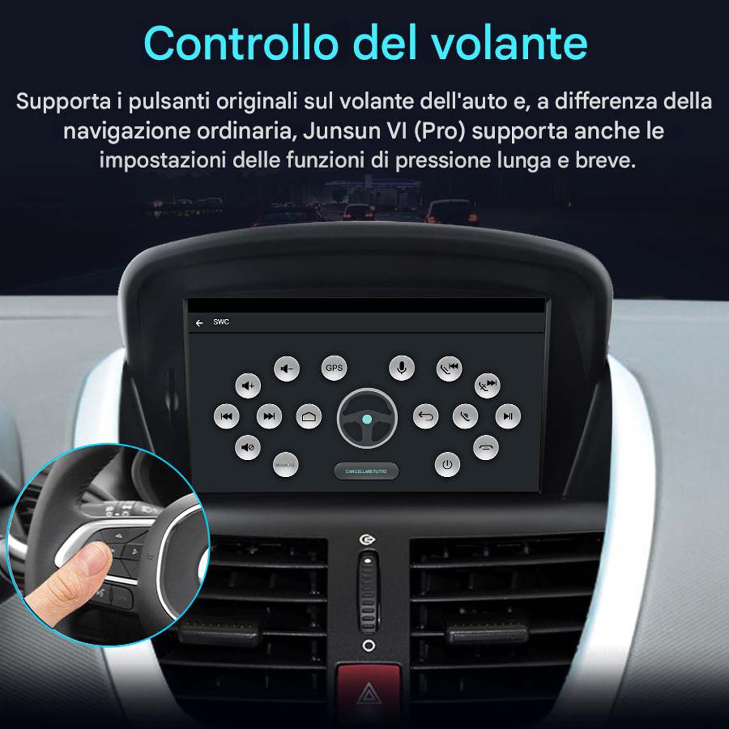 Cruscotto auto con display touchscreen. Una mano è sul volante che mostra i comandi dello schermo.