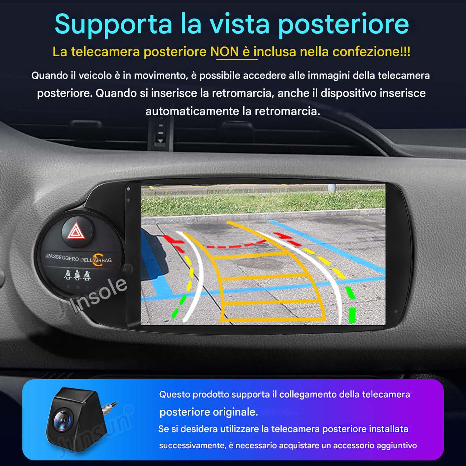 Schermo dell'auto che mostra il display della telecamera posteriore con linee guida sul cruscotto. Una telecamera è mostrata sotto.