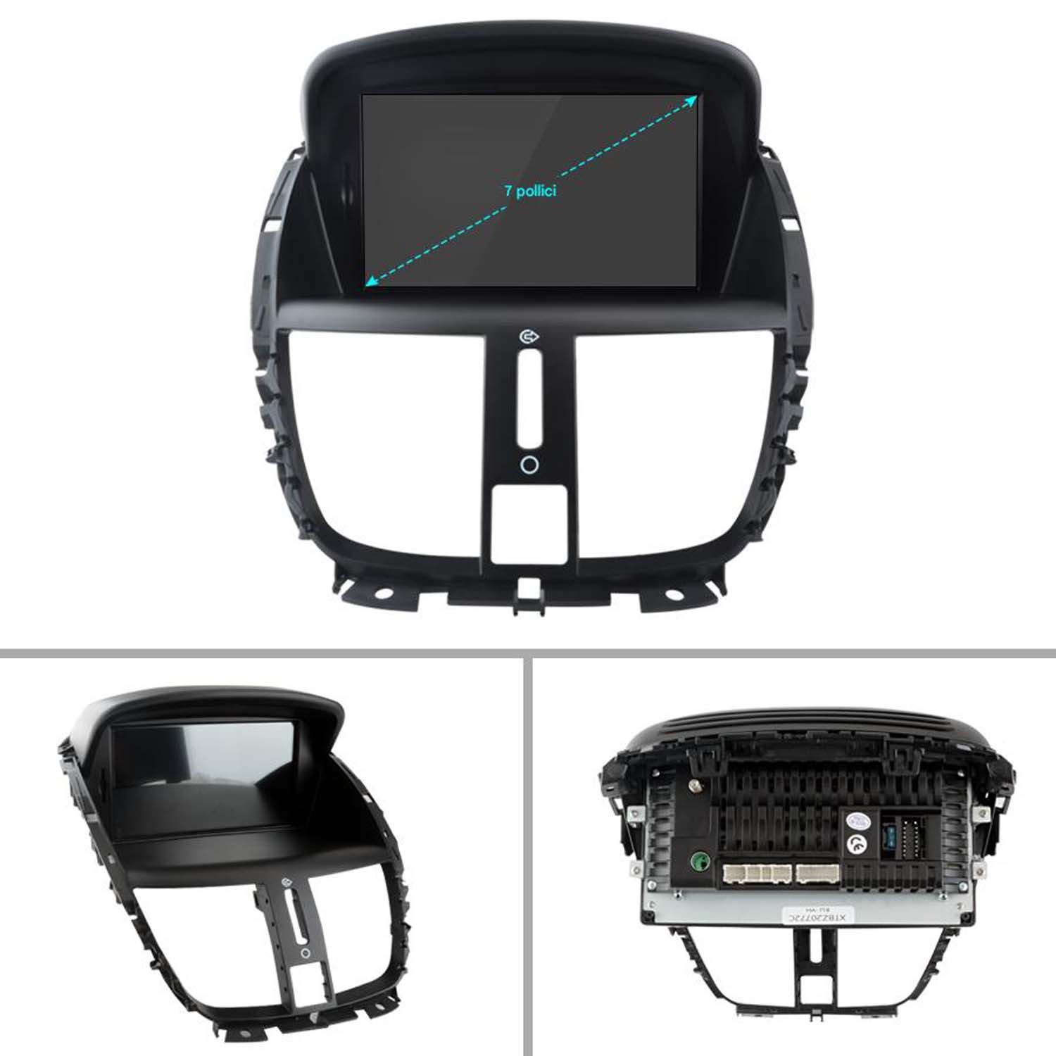 Schermo dell'autoradio con display da 7 pollici e componenti di installazione mostrati in diverse viste.