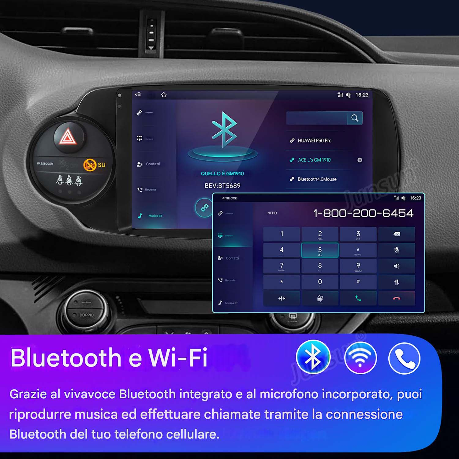 Schermo multimediale per auto che mostra le opzioni Bluetooth e WiFi. Tastierino telefonico e icona Bluetooth.