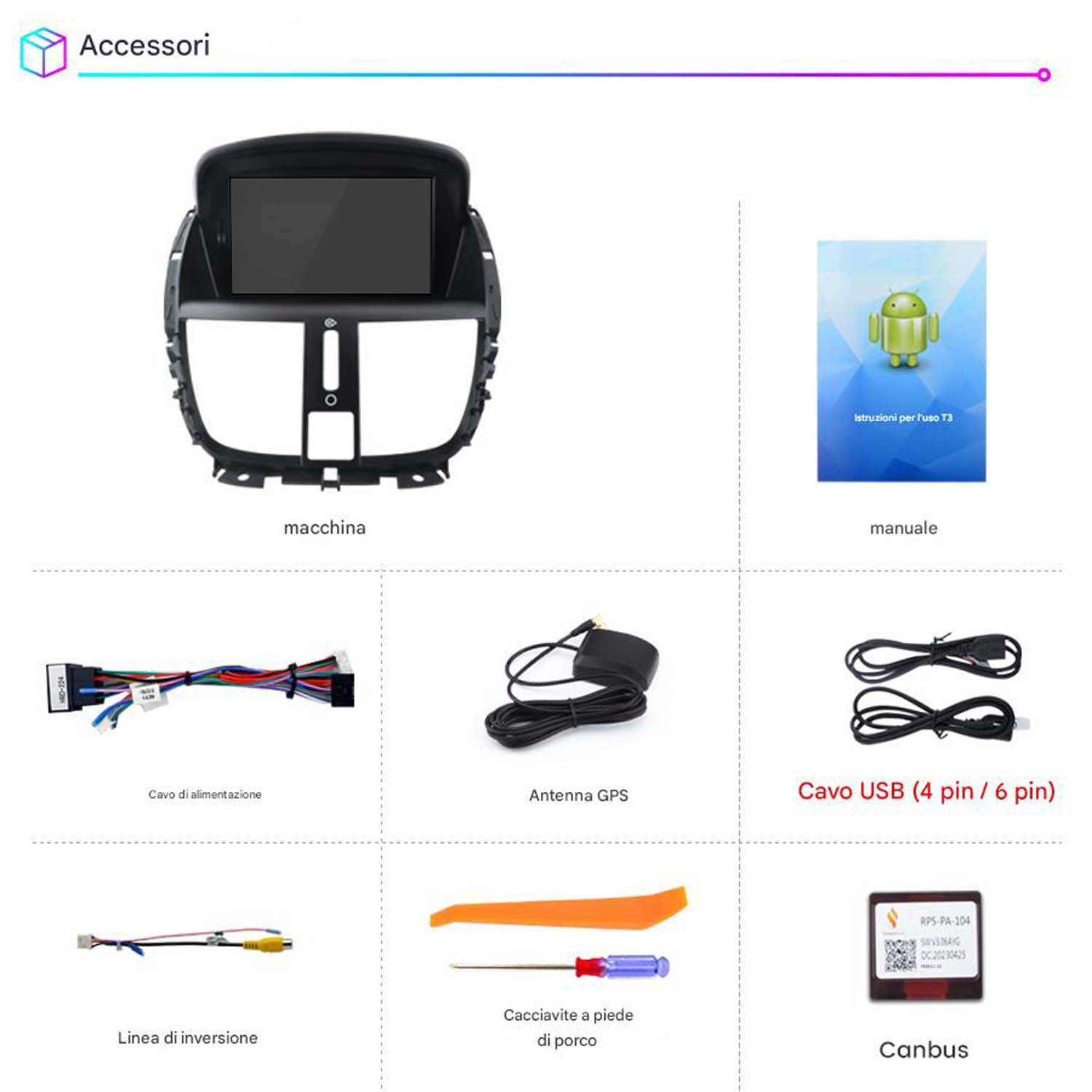 Accessori per autoradio tra cui cablaggio, antenna e strumenti. Un manuale e un decodificatore canbus sono presenti.