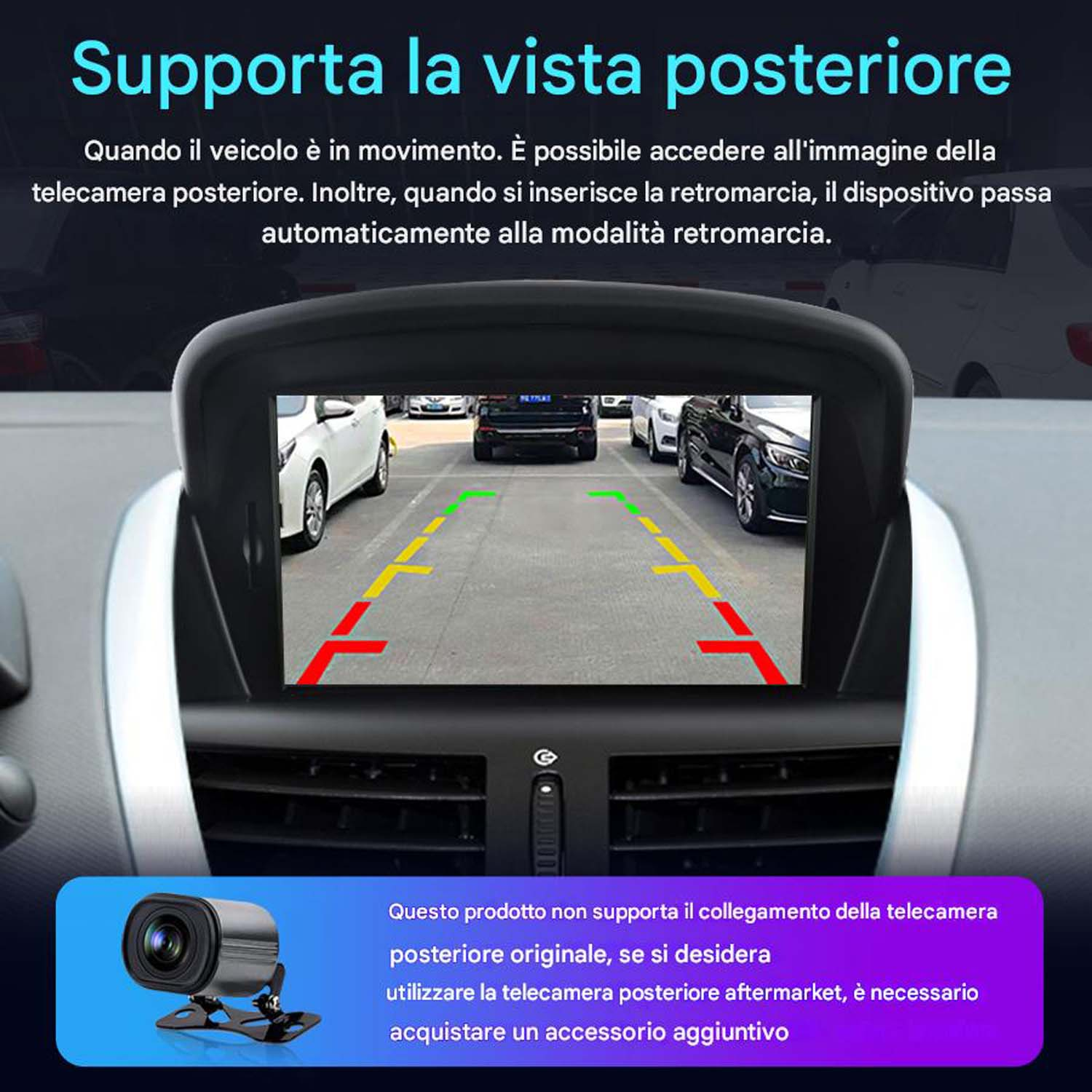 Schermo multimediale dell'auto che mostra la vista della telecamera di retromarcia con guide di parcheggio.
