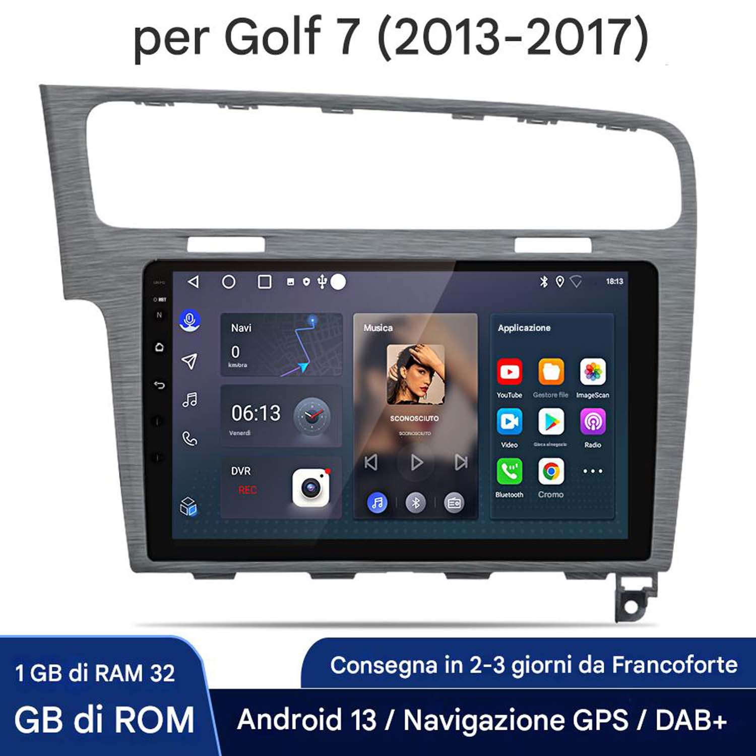 Schermo multimediale per auto con navigazione, musica e icone delle app. Lo schermo è nel cruscotto.