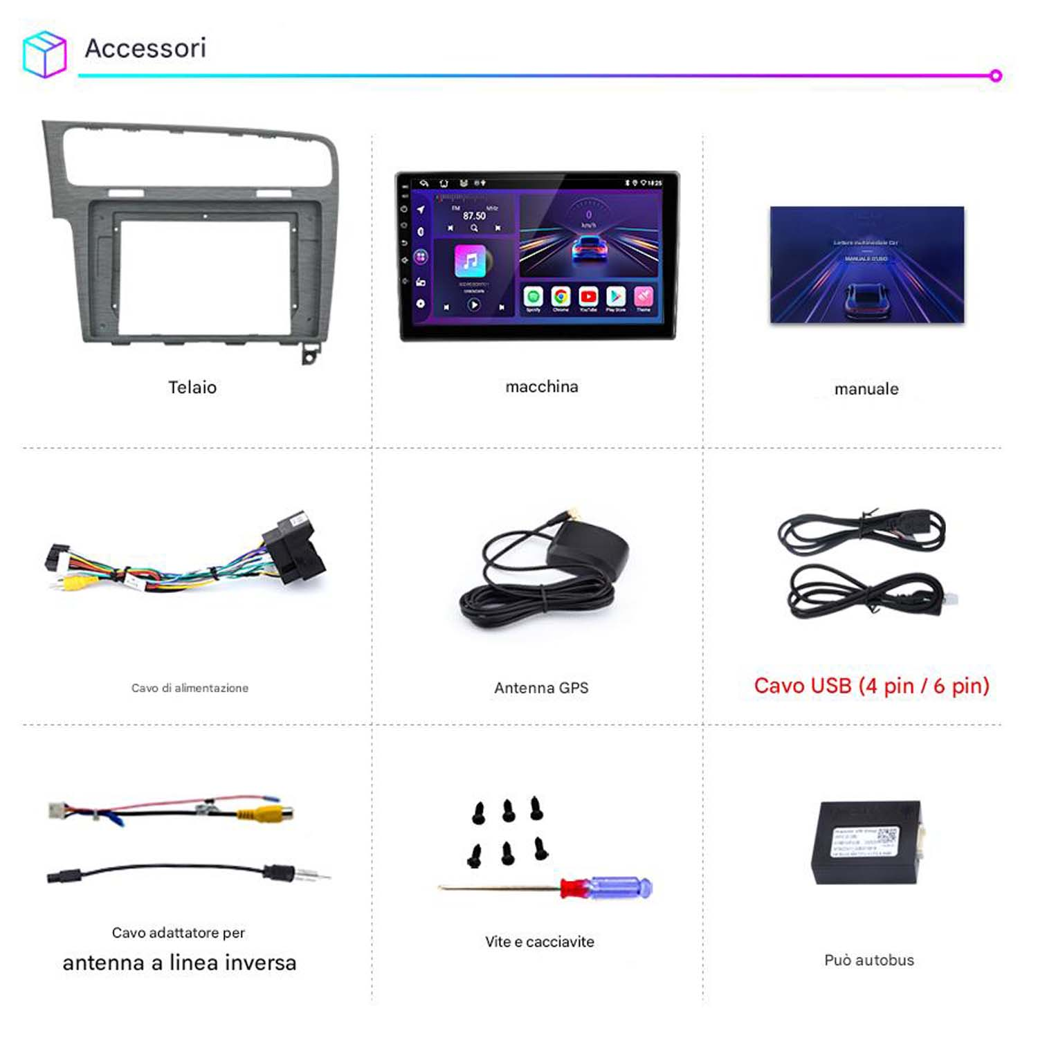 Accessori stereo auto: telaio, schermo, manuale, cavi, GPS e cacciavite.