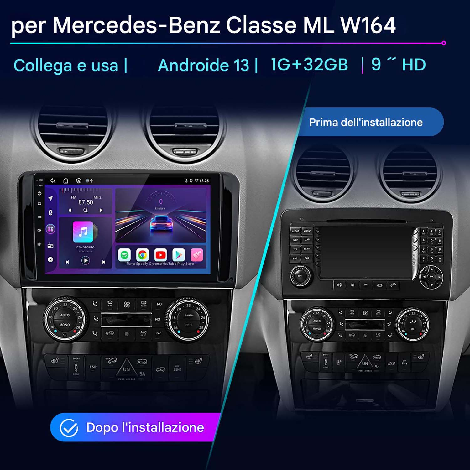 Schermo multimediale per auto, prima e dopo l'installazione. Display radio e icone delle app visibili.
