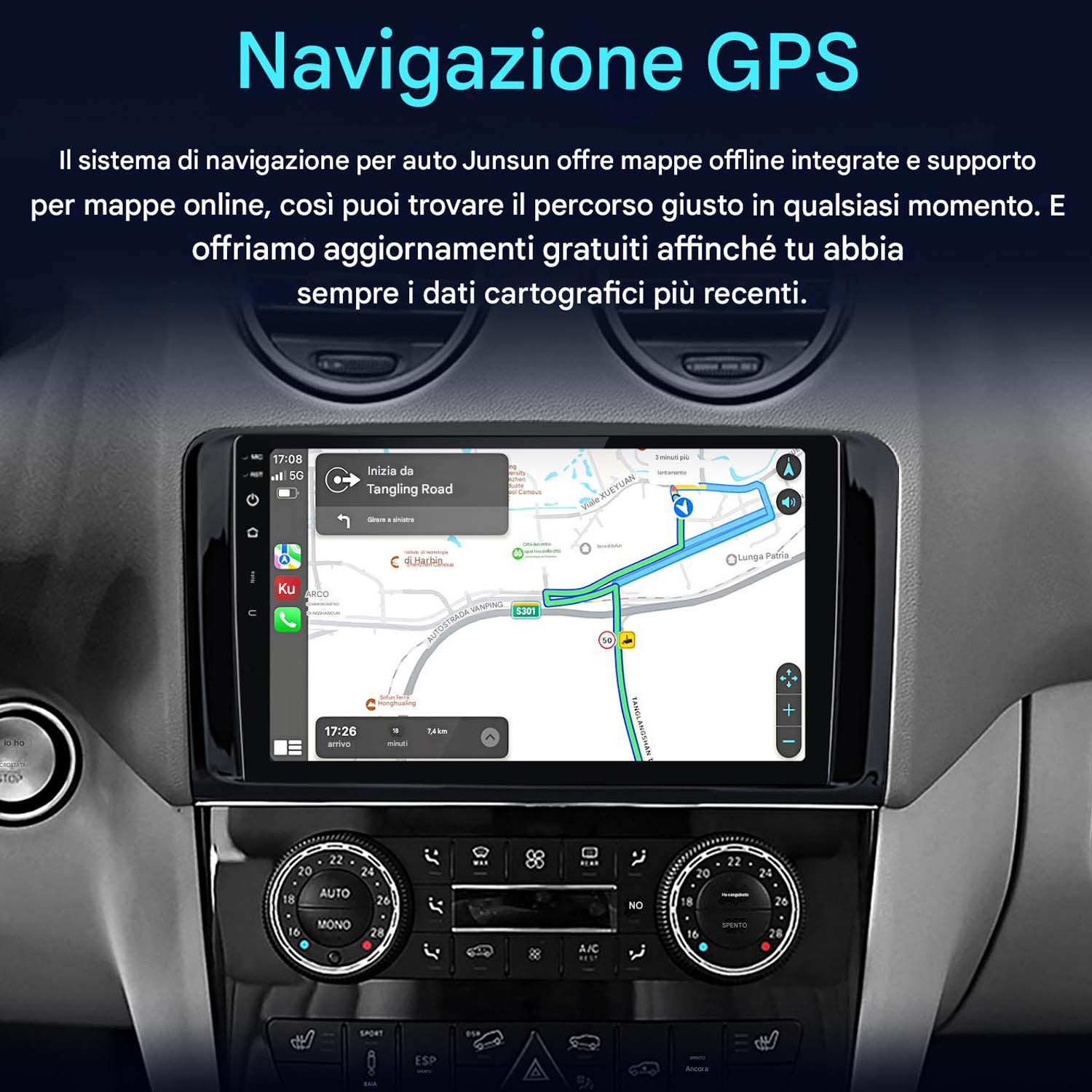 Autoradio che mostra una mappa di navigazione GPS con guida stradale. Il cruscotto è visibile.