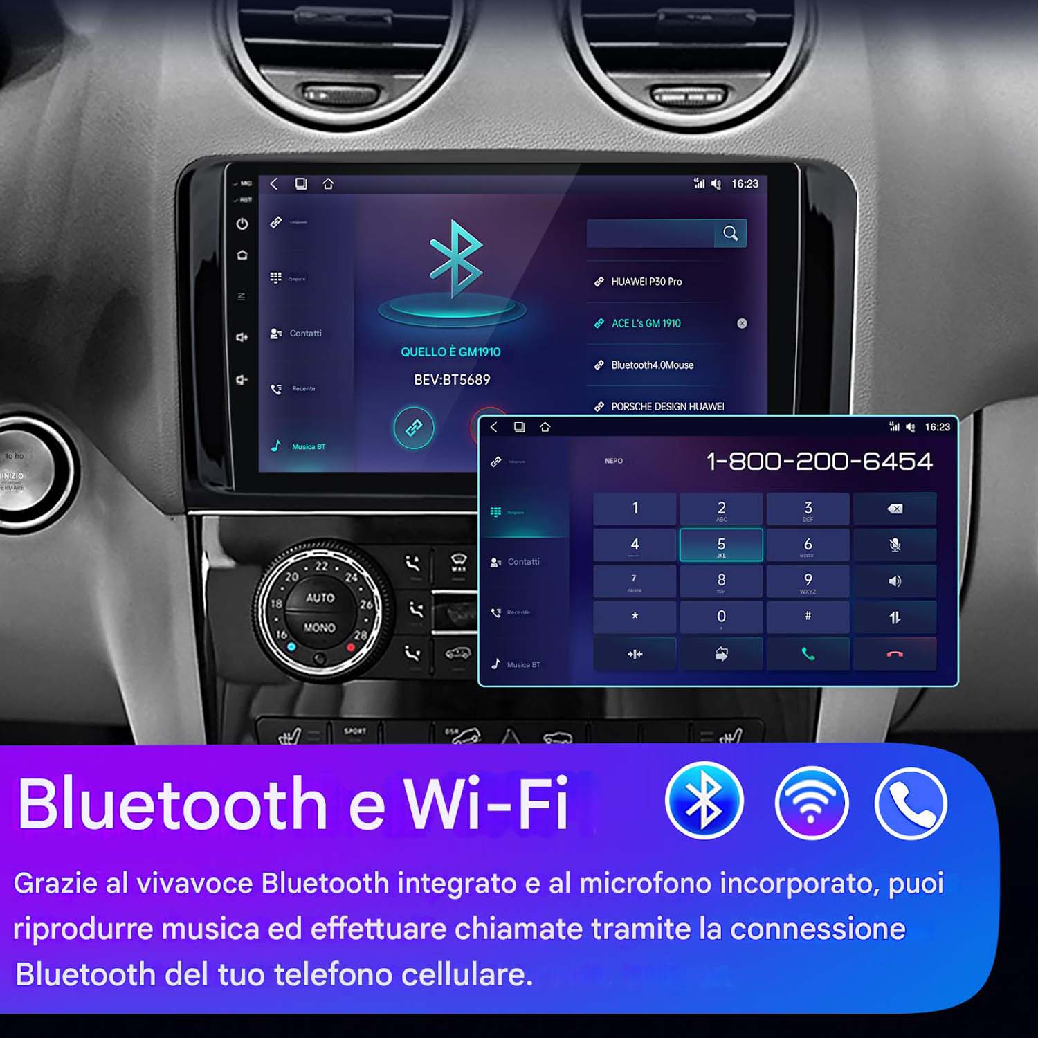Schermo dell'auto con funzionalità Bluetooth e Wi-Fi. Viene mostrato anche un dialer telefonico.