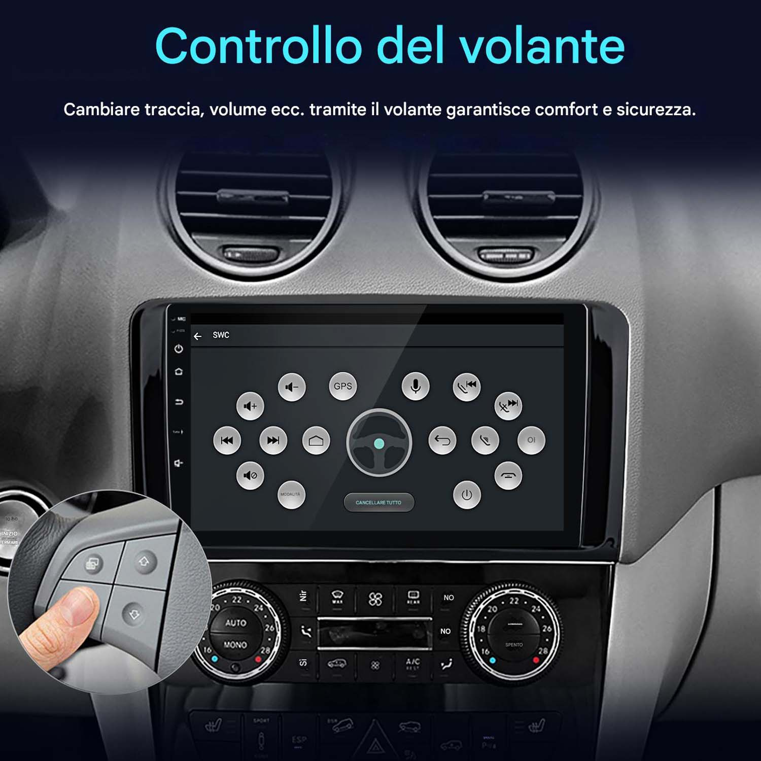 Schermo autoradio con interfaccia di controllo del volante. Una mano tocca i pulsanti del volante. Interni dell'auto visibili.