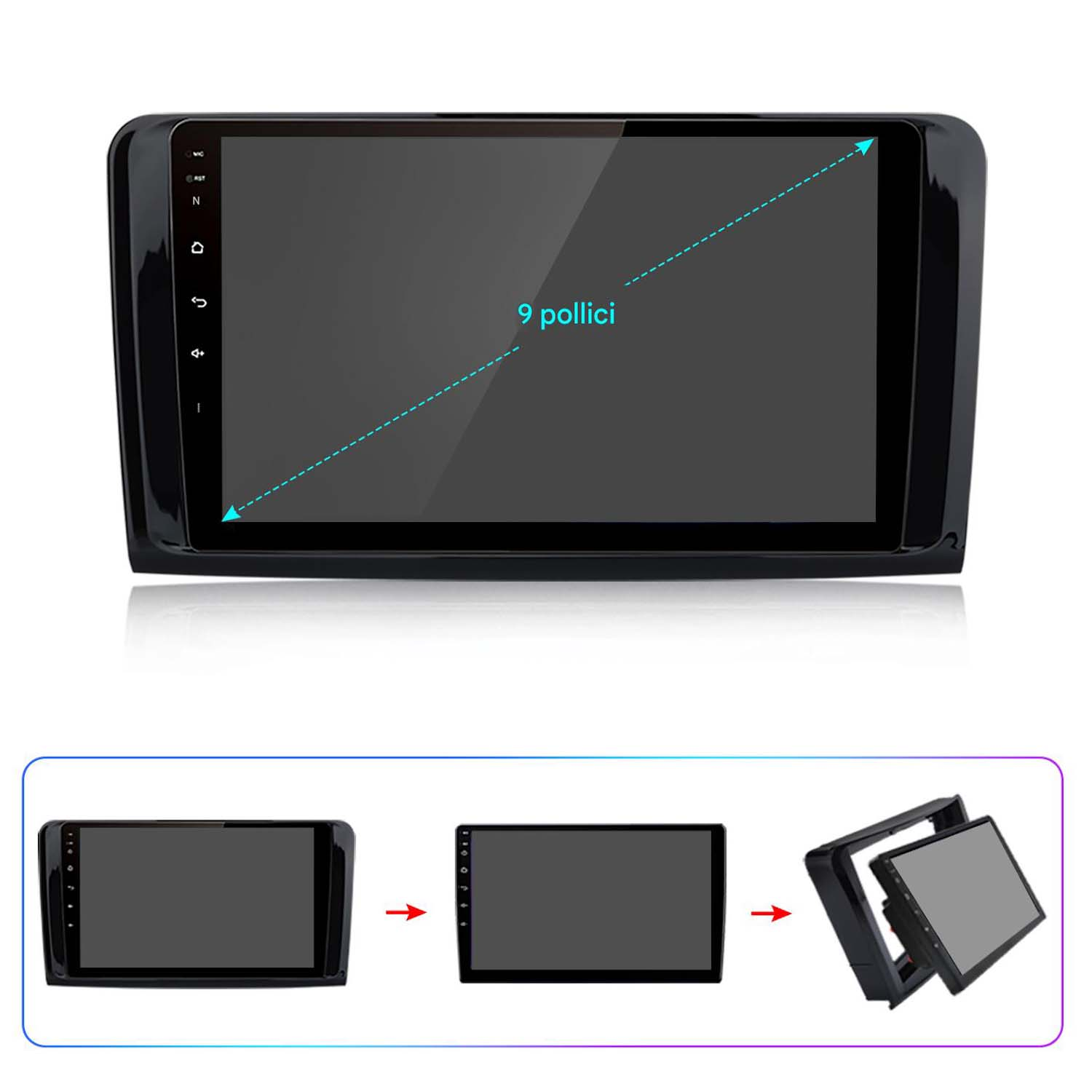 Uno schermo multimediale per auto con una cornice nera, lo schermo mostra un display vuoto. La cornice mostra anche le dimensioni.