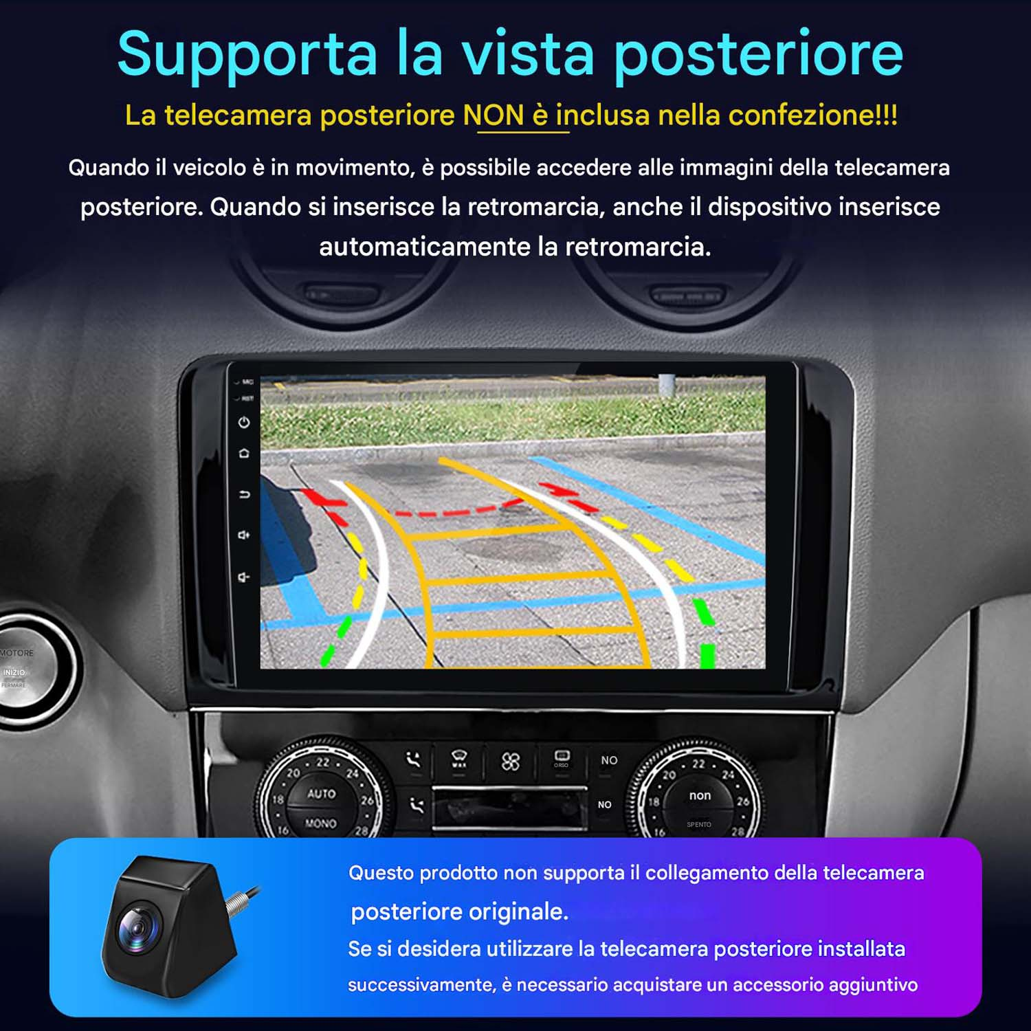 Lo schermo dell'auto mostra la vista della telecamera posteriore con linee di parcheggio.