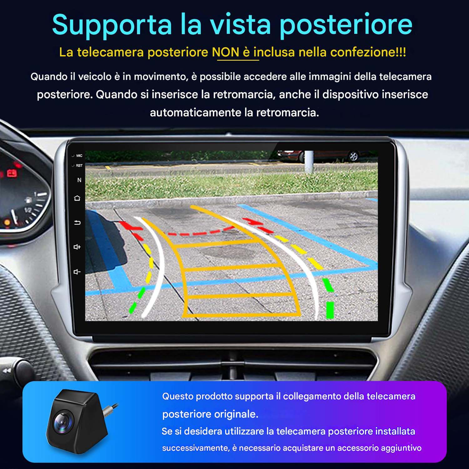 Display dell'auto con vista telecamera posteriore. Lo schermo mostra le linee di parcheggio. Piccola telecamera in basso.