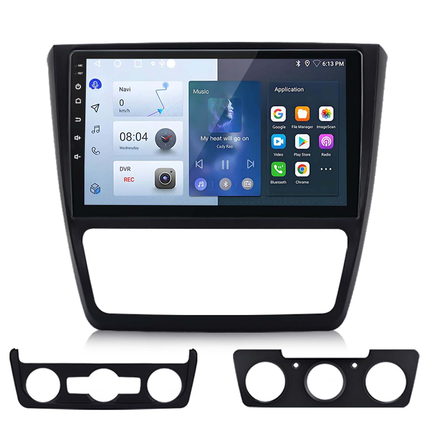 Schermo della radio dell'auto che mostra una schermata iniziale con musica, navigazione e icone delle app, inserita in una cornice nera.