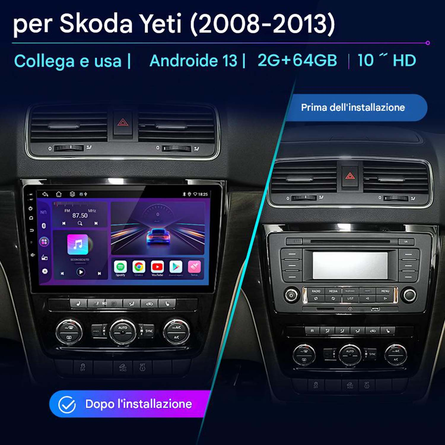 Confronto dell'installazione del cruscotto dell'auto. Mostra l'autoradio prima e dopo l'installazione su una Skoda Yeti.
